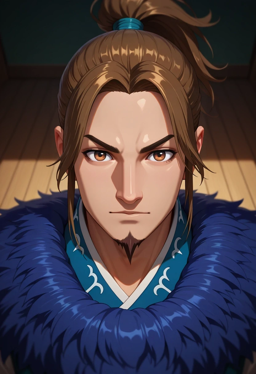 masterpiece, best quality, intricate details, (3d:0.4), looking at viewer, , 1boy, solo, male focus, <lora:li_mu_ilxl:0.92>, li_mu, aged down, brown hair, brown eyes, long hair, ponytail, facial hair, goatee, ,