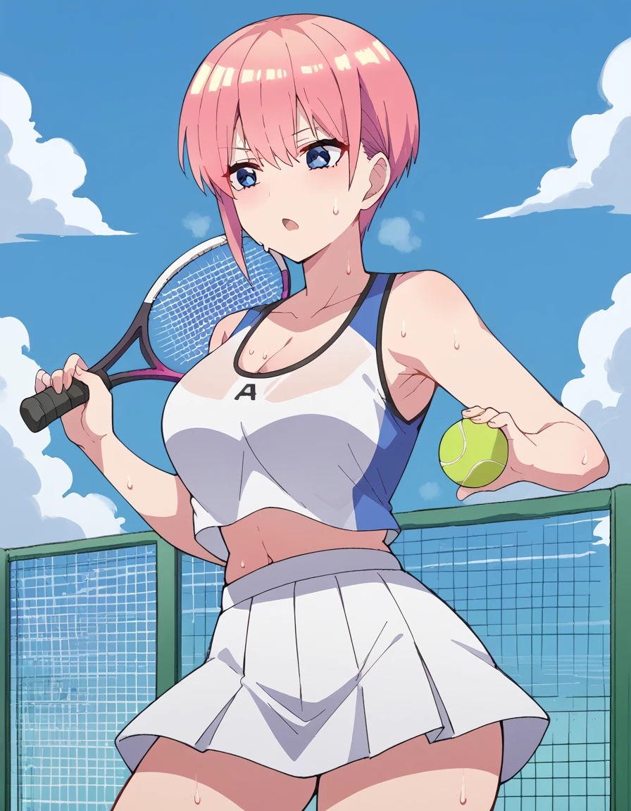 score_9, score_8_up, score_7_up, source_anime, <lora:ichika-nakano-s2-ponyxl-lora-nochekaiser:1>, ichika nakano, short hair, bangs, blue eyes, hair between eyes, pink hair, pixie cut, mature female, large breasts, <lora:tennis-uniform-ponyxl-lora-nochekaiser:1> tennis uniform, tennis racket, racket, tennis ball, sportswear, tennis, tennis court, holding racket, two-tone skirt, tennis net, two-tone shirt, tennis skirt, teniis dress, crop top overhang, holding tennis racket, ball,, open mouth, sweat, steam, blue sky, clouds, sun, cleavage, navel, cowboy shot,