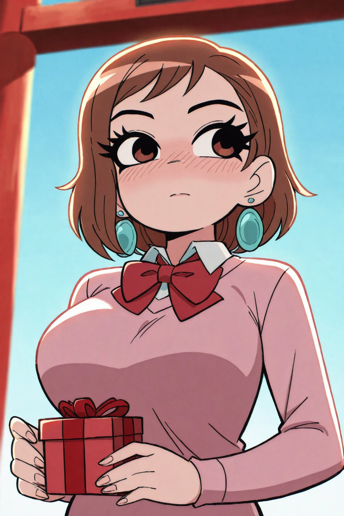 masterpiece, best quality,  absurdres, highres, cinematic light, 1girl,  <lora:Scott_Pilgrim_Takes_Off_style-Illustrious:1> scott_pilgrim_style, blurry edges, film <lora:momo_ayase:0.8> ayase_wz, medium hair, brown hair, brown eyes, large breasts, chocker, red bowtie, pink sweater, pink cardigan, long sleeves, school uniform, earrings, collared shirt, white shirt, alternate costume, upper body, outdoors, blue sky, torii, soft lighting, holding gift, gift box, nose blush, looking to the side