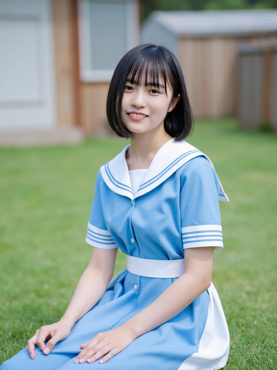 The image is a portrait of a young Asian girl sitting on the grass. She is wearing a blue sailor outfit with white stripes and a white collar. She has dark bob cut with bangs and is looking directly at the camera with a slight smile on her face. Her hands are resting on her knees. The background is blurred, but it appears to be an outdoor setting with a wooden fence and a window. The overall mood of the image is relaxed and casual. Natural lighting, Soft cool tones, Amateur photography, 