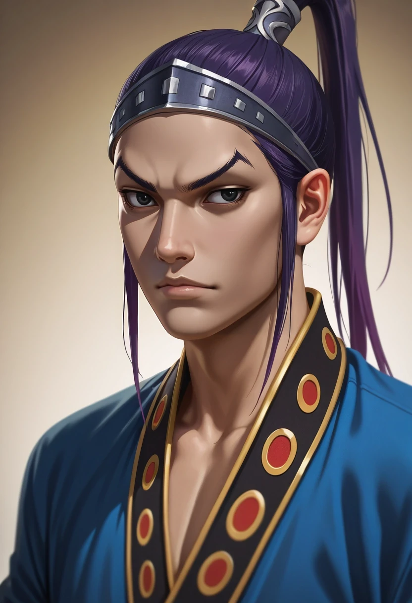 masterpiece, best quality, , (photorealistic:0.6), , , 1boy, solo, male focus, <lora:wang_ben_ilxl:0.94>, wang_ben, purple hair, black eyes, long hair, ponytail, ,