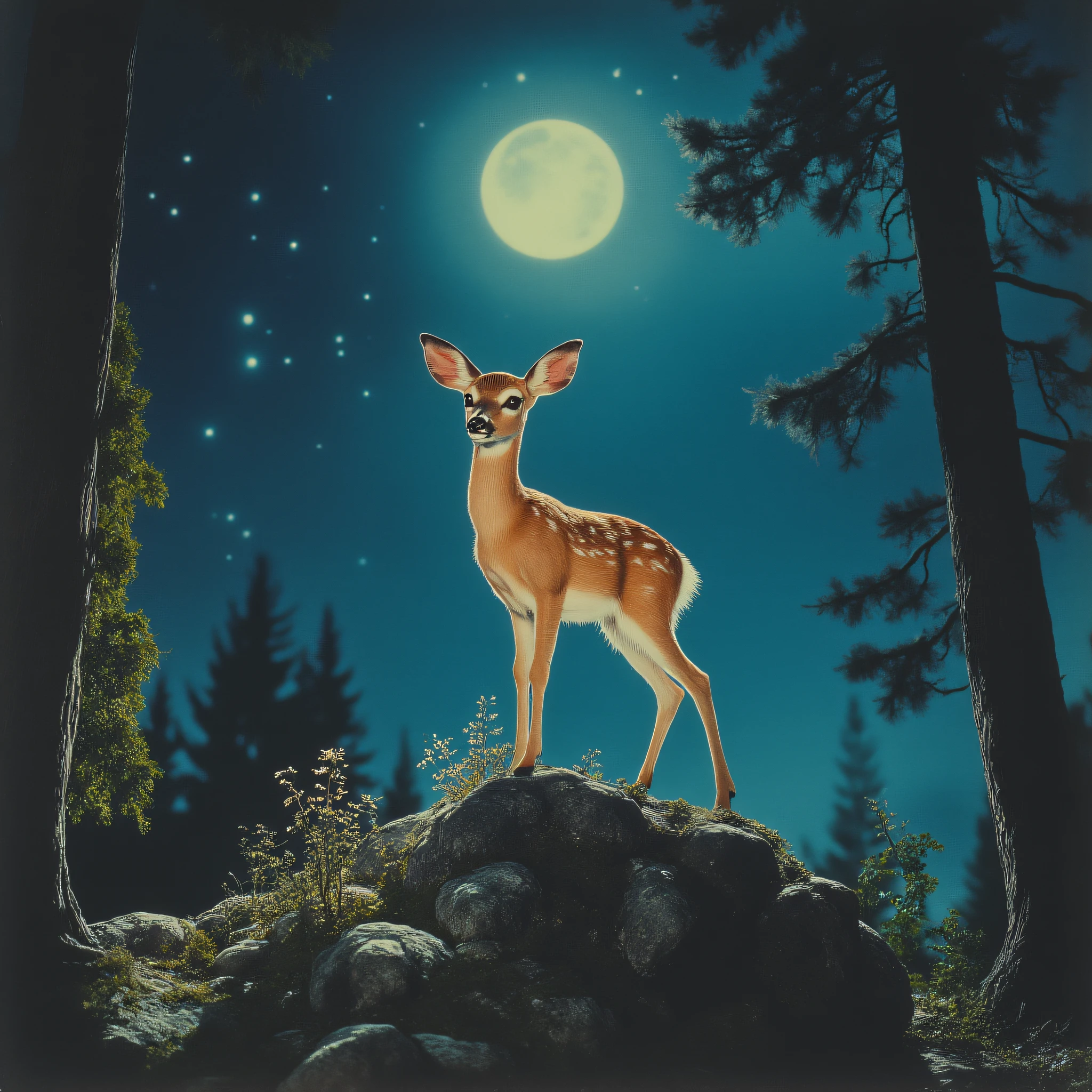 ArsMovieStill, movie still from a 1930s technicolor movie, The image shows a fawn standing on top of a rock in the woods surrounded by trees and illuminated by a full moon in the night sky., no humans, night, moon, star (sky), sky, outdoors, tree, starry sky, night sky, nature