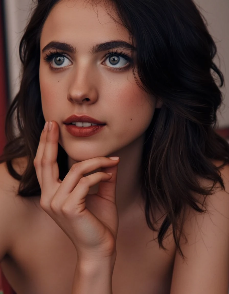 <lora:margaret-qualley:1> mquall3y, woman, With one hand lightly touching her chin, she looks upwards, lost in deep contemplation, Diagonally from the front, giving a three-quarter perspective, <lora:Eldritch_Photography_for_Flux_1.2.3:0.8> Photography