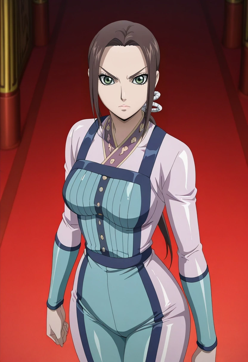 masterpiece, best quality, intricate details, anime screencap, , official style, looking at viewer, , 1girl, solo, <lora:kaine_kingdom_ilxl:0.98>, kaine_kingdom, brown hair, green eyes, long hair, low ponytail, , bodysuit, latex