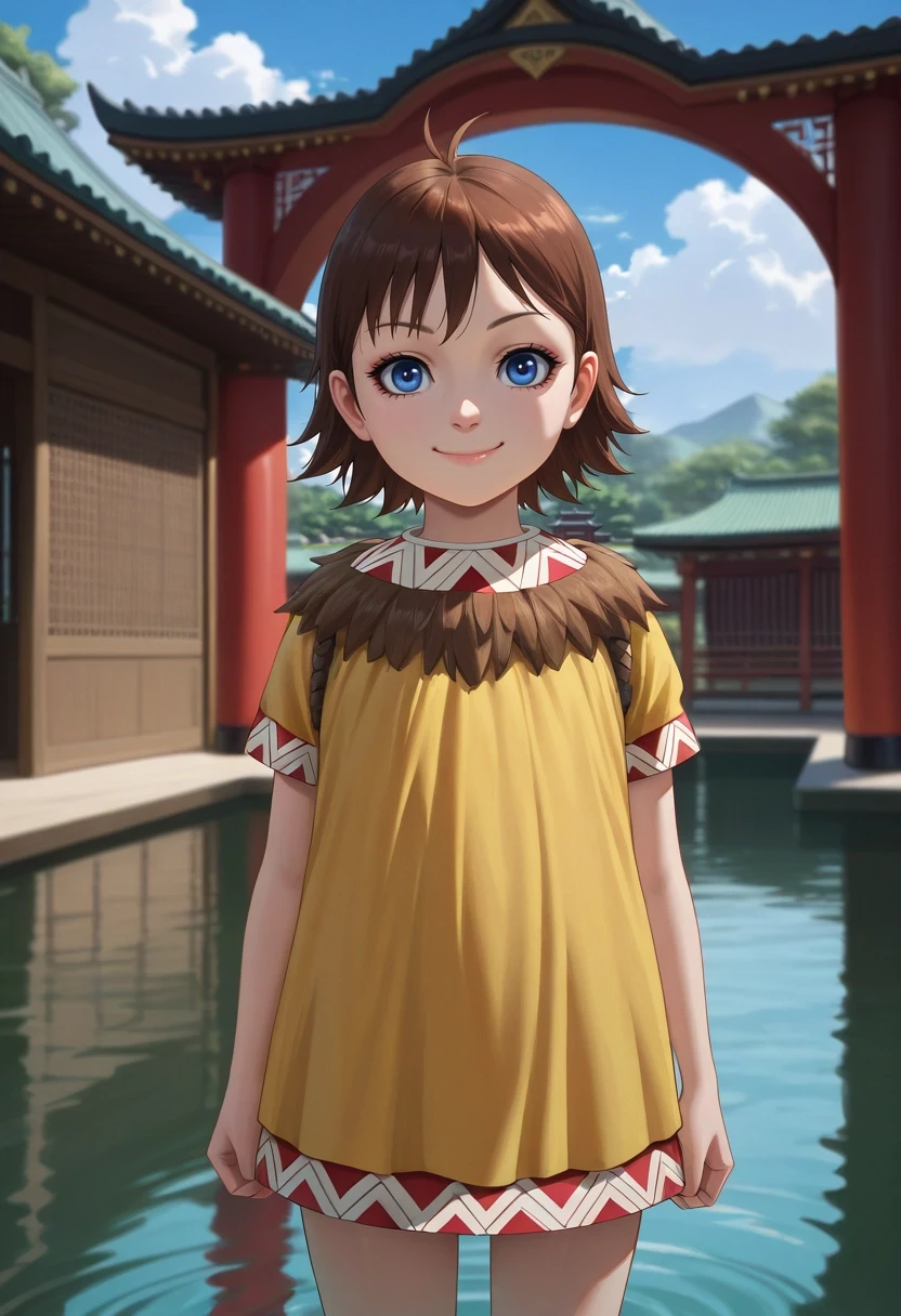 masterpiece, best quality, intricate details, (realistic:0.6), looking at viewer, depth of field, 1girl, solo, <lora:he_liao_diao_ilxl:0.92>, he_liao_diao, brown hair, blue eyes, short hair, aged down, cowboy shot, pond, arch, japanese architecture, day, clouds, villain pose, happy,