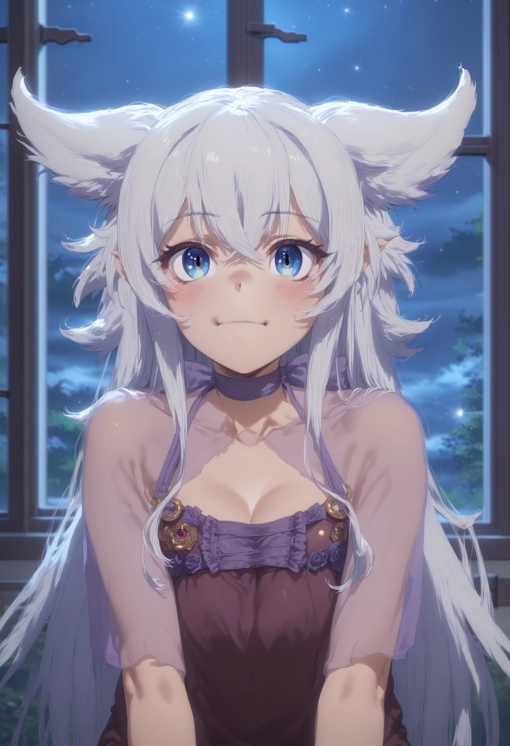 score_9, score_8_up, score_7_up, highres, high res image, masterpiece, 1girl, solo,detailed face, detailed eyes, bangs, lv2fenrys, <lora:Lv2Fenrys>, white hair, blue eyes, medium breasts, hair betweens eyes, crossed bangs, (nightgown:1.4), indoor, night, puppy eyes,