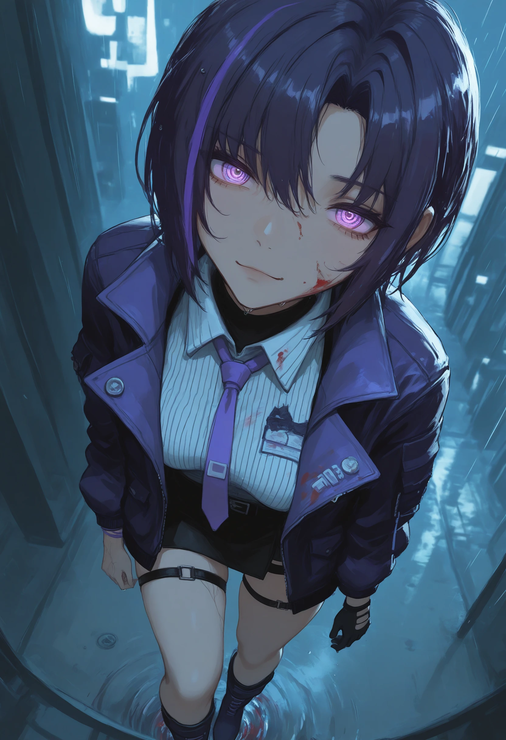 (1girl),(solo),dark purple hair,streaked_hair,jiale\(asoul\),jialenocoat,
748cm,
mature female,tall female,medium breasts,purple_jacket,open_jacket,open_clothes,black_jacket,striped_shirt,single_glove,purple_necktie,
wet hair,(fisheye:1.2),from above,close-up,dutch angle,detailed eyes,ringed eyes,(staring sulking:1.2),smug,looking at viewer,:\/,leaning forward,(blood on face:1.2),(blood on clothes:1.2),traditional media,eyes on background,horror theme,detailed background,blurry foreground,floating particles,dim lighting,full body,thigh_strap,high_heel_boots,
cybernetic features,mechanical parts,cracks on face,cracks on body,metallic limbs,glowing cybernetic veins,mechanical enhancements,shattered skin,exposed machinery,dystopian feel,
glowing neon signs,vibrant neon blues,purples,reds,wet street reflecting lights,rain drops,somber mood,city in the background,water puddles,reflective surfaces,dramatic lighting,low light atmosphere,foggy haze,cool tones,high-tech urban feel,cinematic lighting,best quality,amazing quality,very aesthetic,absurdres,masterpiece,newest,
<lora:748cmSDXL:0.7>,glowing eyes,<lora:Carol_testtrain10-000019:0.8>,crak on face,mechanical girl,broken face,