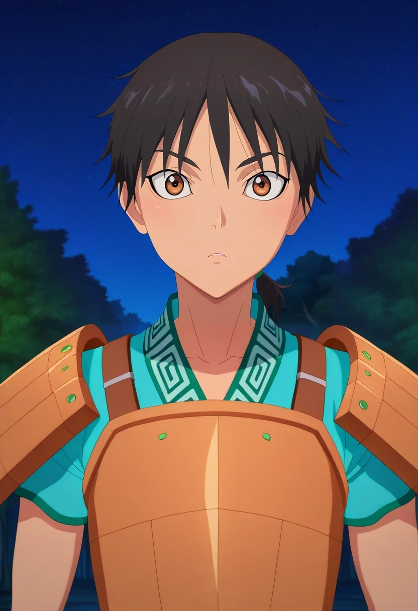 masterpiece, best quality, intricate details, anime screencap, , , looking at viewer, , 1boy, solo, male focus, <lora:xin_kingdom_ilxl:1>, xin_kingdom, black hair, brown eyes, short hair, low ponytail, (aged down:0.4), armor, jungle observatory, tree platforms, vine telescopes, research stations, observing pose, curious expression, night,