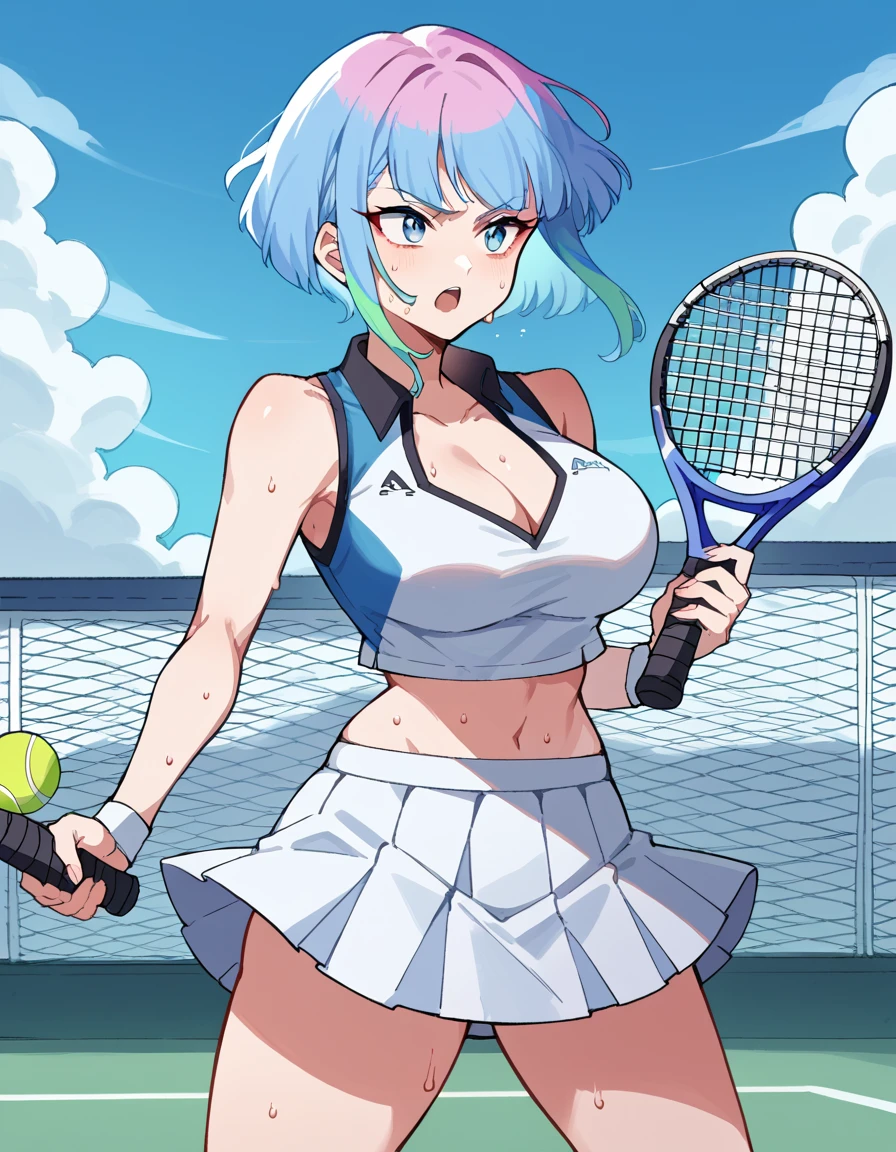 score_9, score_8_up, score_7_up, source_anime, <lora:cyberpunk-lucy-s1-ponyxl-lora-nochekaiser:1>, lucy, short hair, bangs, blue eyes, blue hair, multicolored hair, makeup, multicolored eyes, large breasts,, <lora:tennis-uniform-ponyxl-lora-nochekaiser:1> tennis uniform, tennis racket, racket, tennis ball, sportswear, tennis, tennis court, holding racket, two-tone skirt, tennis net, two-tone shirt, tennis skirt, teniis dress, crop top overhang, holding tennis racket, ball,, open mouth, sweat, steam, blue sky, clouds, sun, cleavage, navel, cowboy shot,