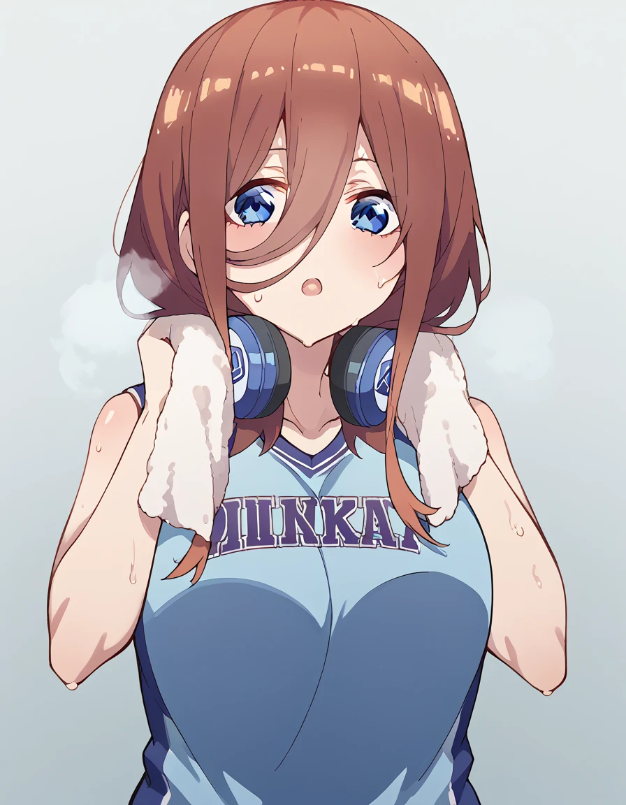 score_9, score_8_up, score_7_up, source_anime, <lora:miku-nakano-s2-ponyxl-lora-nochekaiser:1>, miku nakano, long hair, bangs, blue eyes, brown hair, hair between eyes, headphones, headphones around neck, large breasts,, <lora:basketball-uniform-ponyxl-lora-nochekaiser:1> basketball uniform, basketball jersery, sportswear, jersey, shorts, sleeveless,, audience, gym, sweat, open mouth, steam, <lora:wiping-towel-ponyxl-lora-nochekaiser:1> wiping sweat, towel, holding, sweat, holding towel, looking at viewer, open mouth,, cowboy shot,