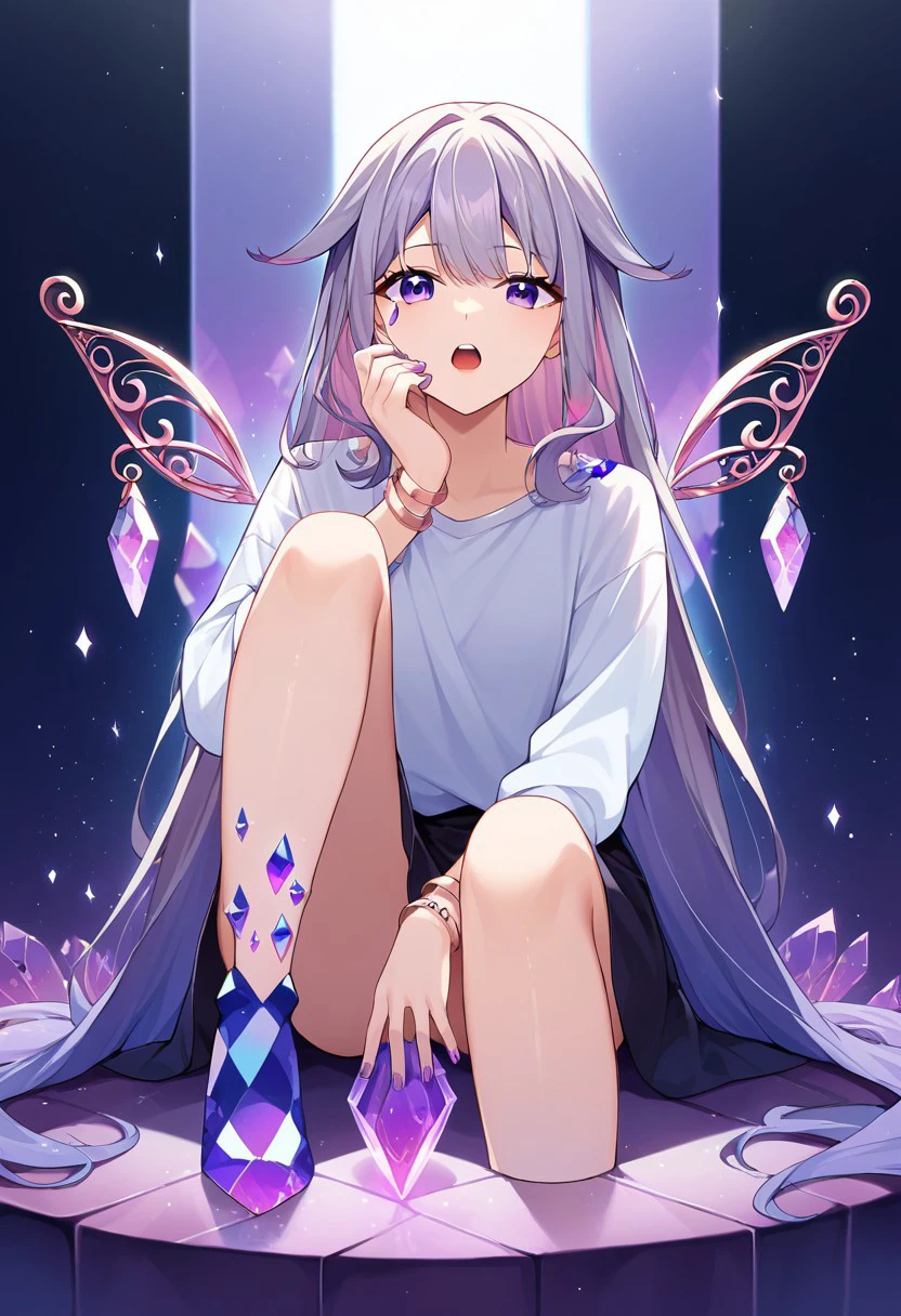 score_9, score_8, score_7, source_anime, koseki bijou, upper teeth only, purple nails, crystal, bracelet, full body, nail polish, detached wings, shirt, sitting, long sleeves