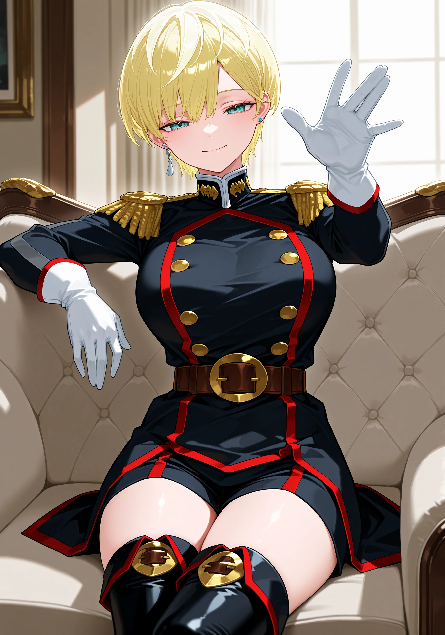 1girl, <lora:tenka50:1>, tenkzumo, earring, black clothing, military uniform dress, epaulets, belt, gloves, black thigh boots, smile, cowboy shot, looking at viewer,
volumetric lighting, living room background, sitting in couch, resting arm on couch, gray couch, looking at viewer, waving hand,
high resolution, ultra-detailed, absurdres, masterpiece, best quality, good quality, newest