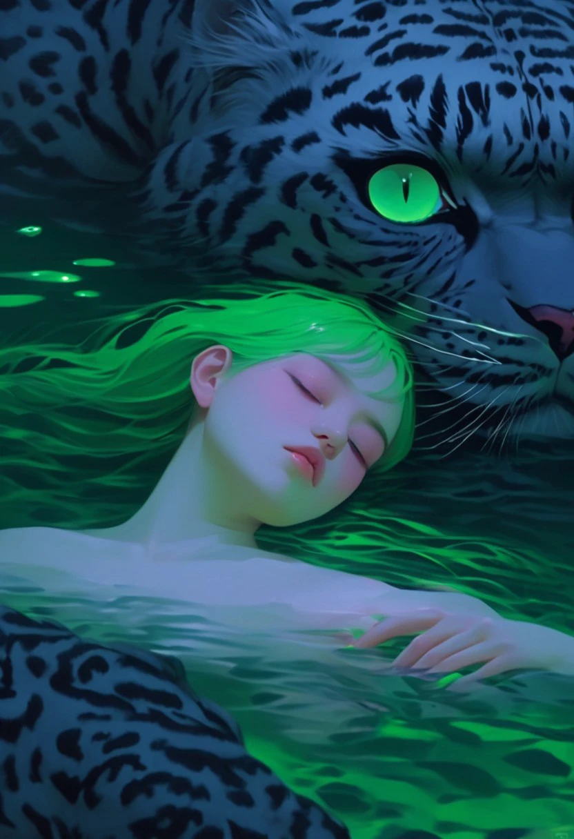 AR71B,green eyes, (1girl, 1boy, hot couple,smother, topless,look at viewer:1.8), submerge, (surround by eight leopards:1.7), underwater, fluorescent, green sclera, eye focus,best quality, master piece, highres, best aesthetic, romantic, (naked:1.3), nipples, reflection, (darkness:1.9), (green hair:1.5), (look up), sneaking, (gorgeous),