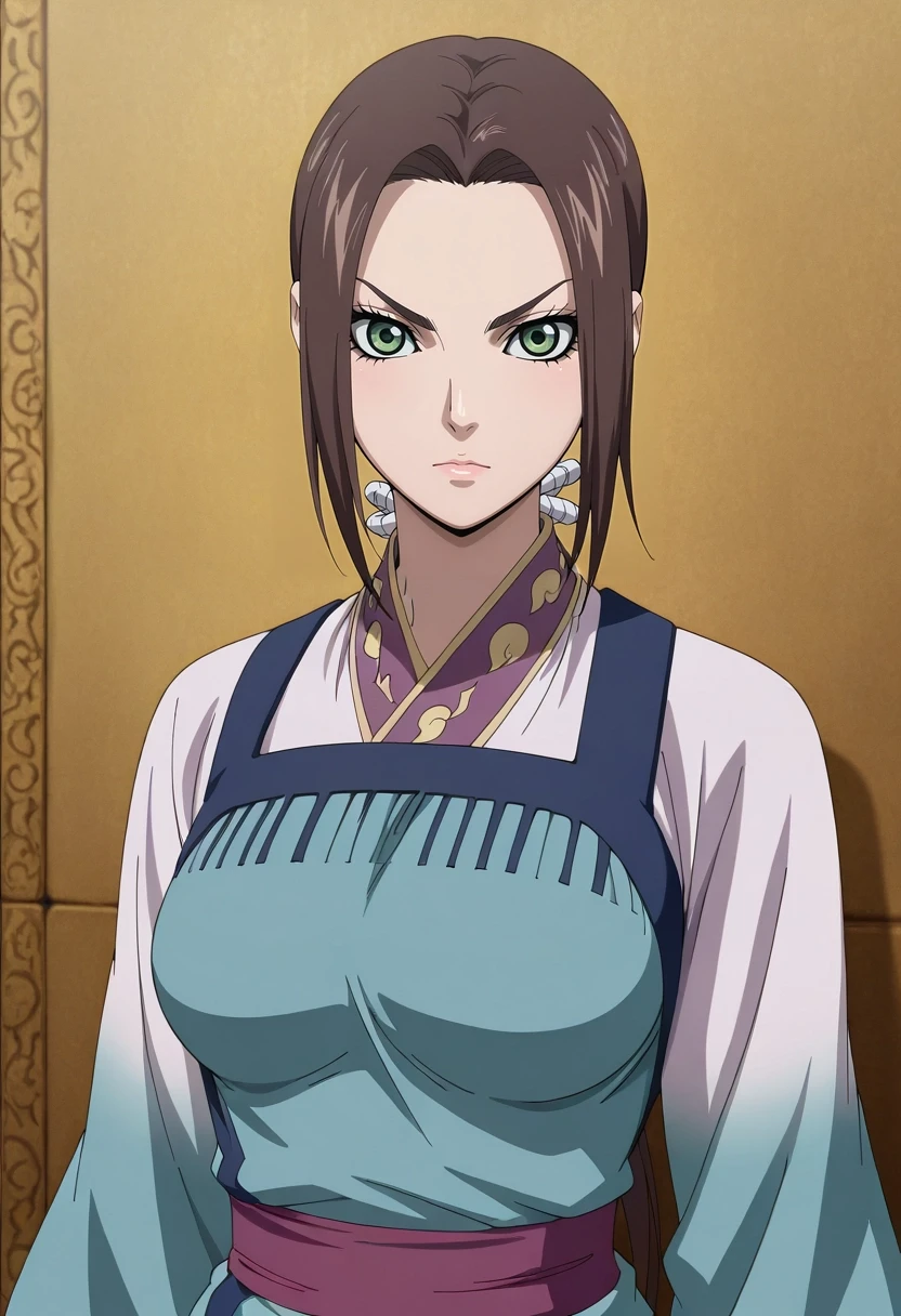 masterpiece, best quality, intricate details, , looking at viewer, , 1girl, solo, <lora:kaine_kingdom_ilxl:0.9>, kaine_kingdom, brown hair, green eyes, long hair, low ponytail, ,