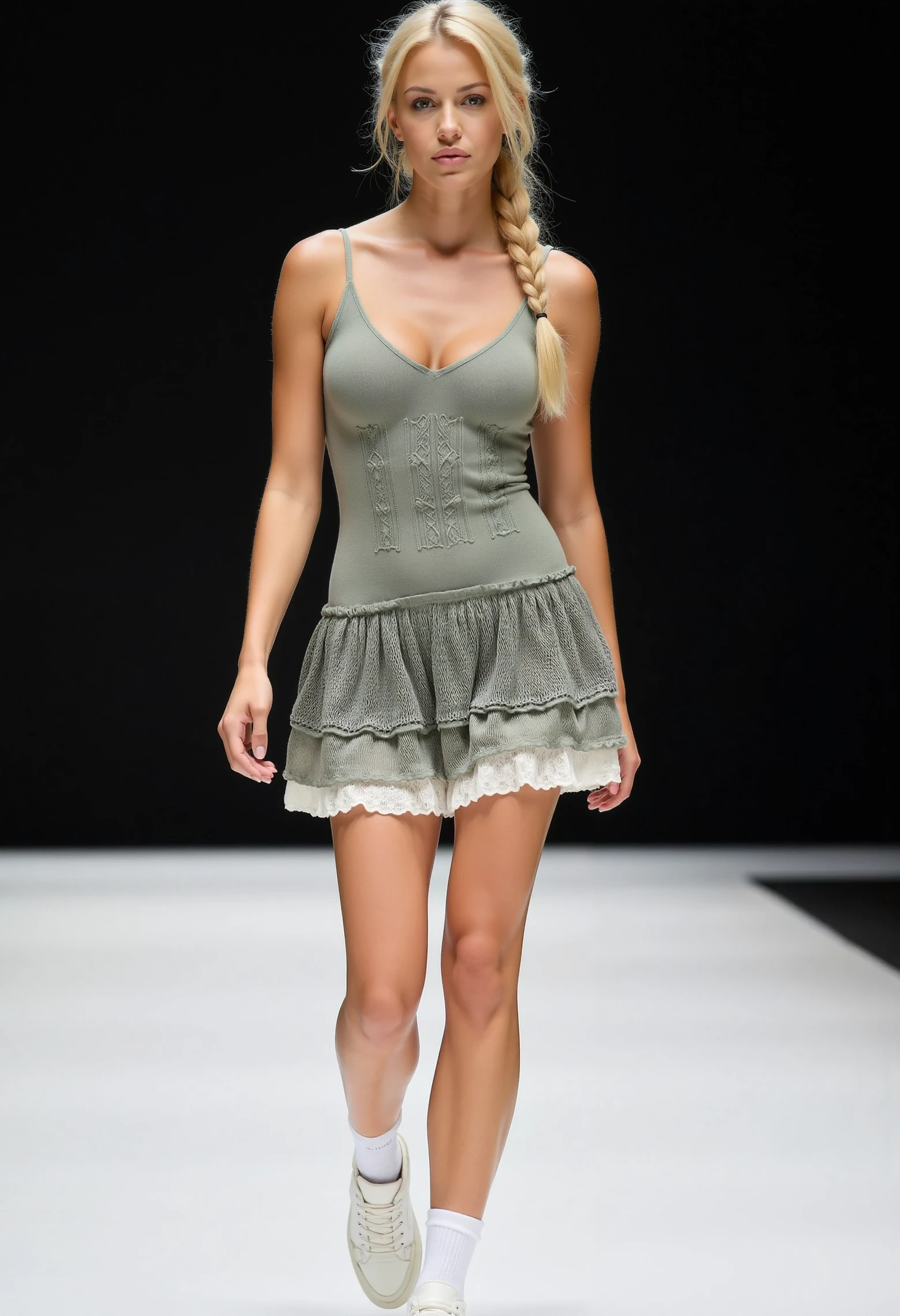 full body shot, beautiful woman, white blonde braided ponytail, medium round breasts, clo025, wearing a sage-green knit dress with intricate geometric patterns on the bodice and a tiered, ruffled skirt, soft and lightweight texture emphasized, styled with sneakers and white socks, walking on a catwalk, spotlight at her