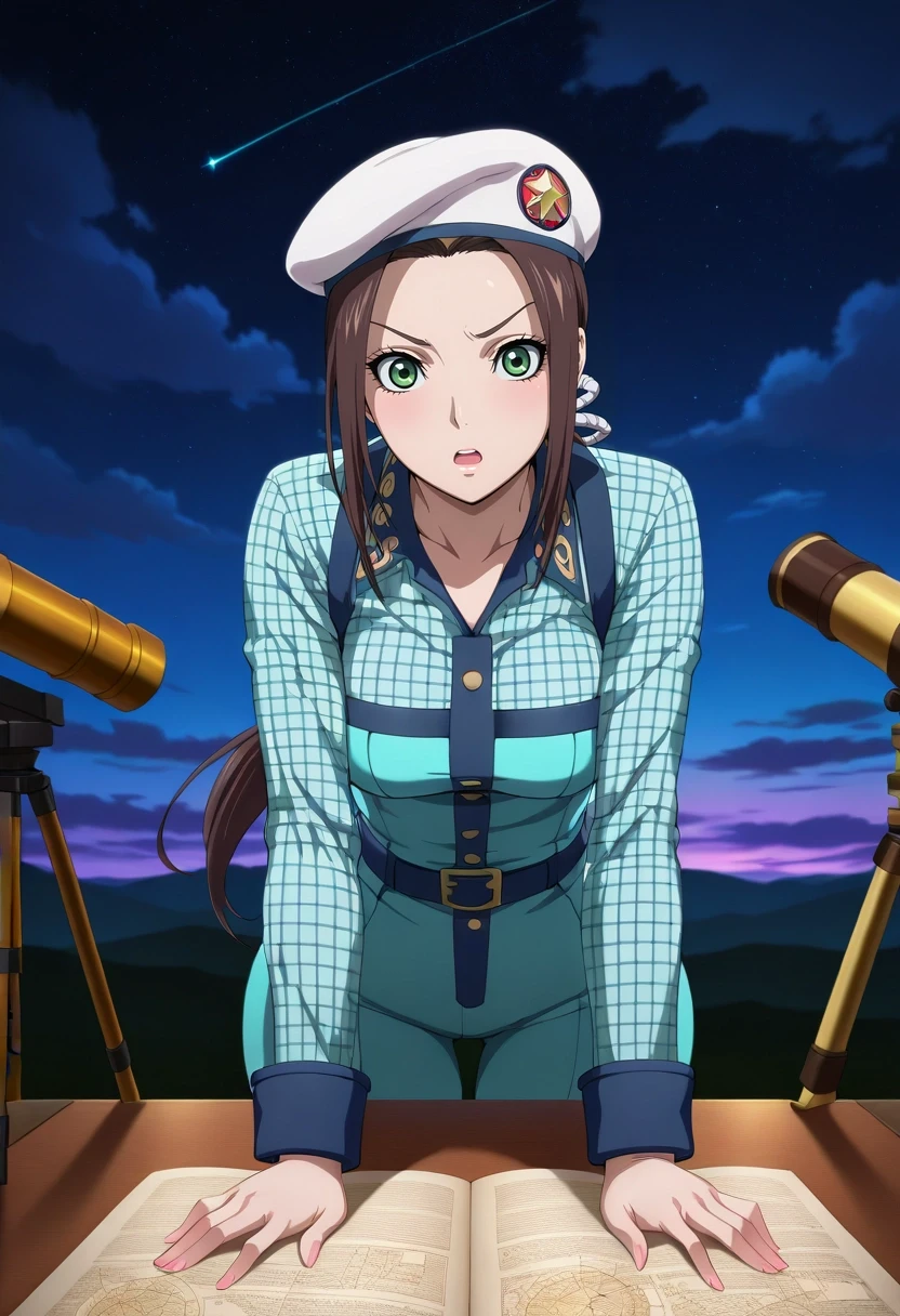 masterpiece, best quality, , , looking at viewer, , 1girl, solo, <lora:kaine_kingdom_ilxl:0.92>, kaine_kingdom, brown hair, green eyes, long hair, low ponytail, sky observatory, cloud platforms, star maps, telescope arrays, studying pose, fascinated expression, night, Jumpsuit, SlateGray Gingham Thermal shirt, , Military beret,