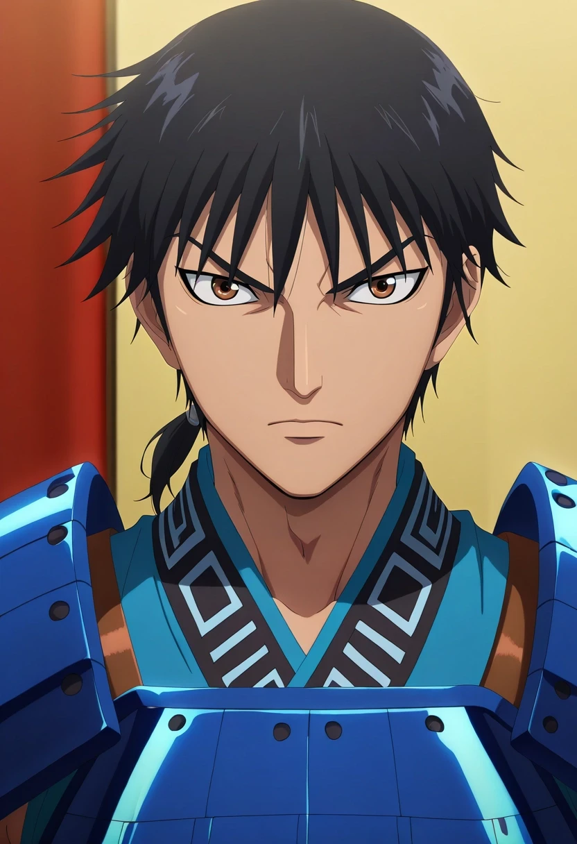 masterpiece, best quality, , anime screencap, anime coloring, , looking at viewer, , 1boy, solo, male focus, <lora:xin_kingdom_ilxl:0.92>, xin_kingdom, black hair, brown eyes, short hair, low ponytail, , armor, ,
