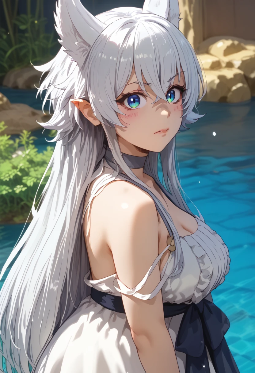score_9, score_8_up, score_7_up, highres, high res image, masterpiece, 1girl, solo,detailed face, detailed eyes, bangs, lv2fenrys, <lora:Lv2Fenrys>, large breats, hair betweens eyes, crossed bangs, white dress, center fills,
