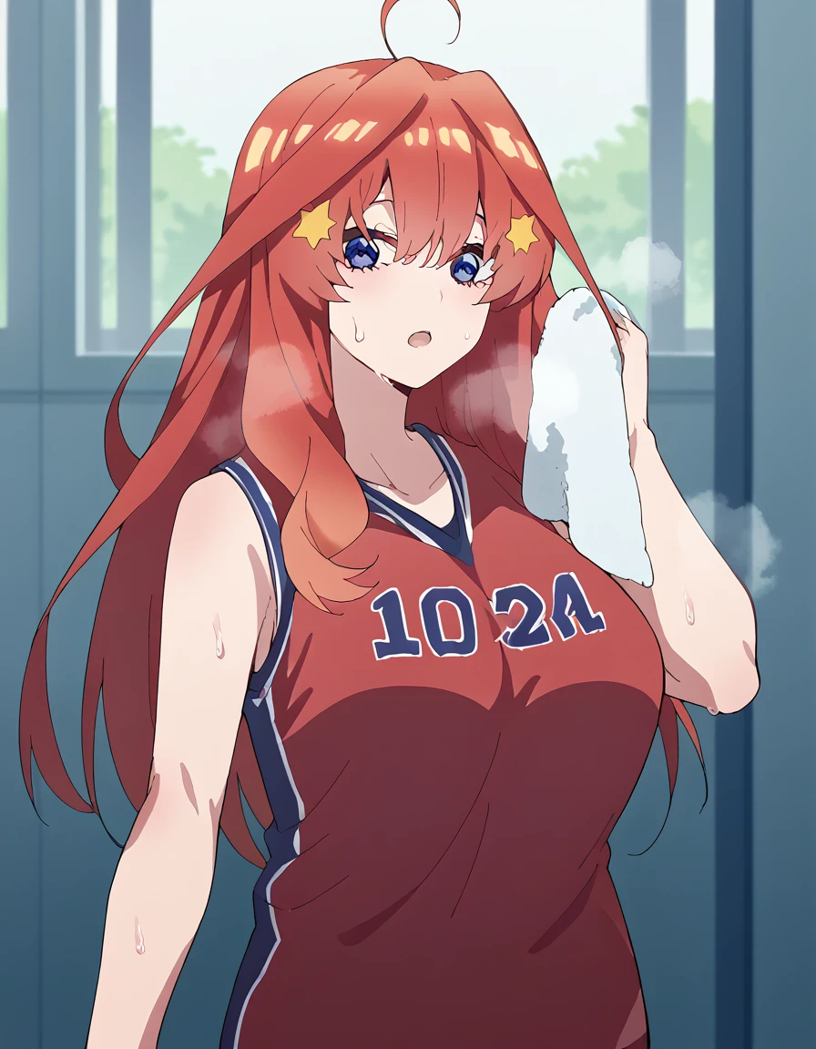 score_9, score_8_up, score_7_up, source_anime, <lora:itsuki-nakano-s2-ponyxl-lora-nochekaiser:1>, itsuki nakano, bangs, long hair, blue eyes, hair between eyes, ahoge, red hair, star (symbol), hair ornament, star hair ornament, mature female, large breasts, <lora:basketball-uniform-ponyxl-lora-nochekaiser:1> basketball uniform, basketball jersery, sportswear, jersey, shorts, sleeveless,, audience, gym, sweat, open mouth, steam, <lora:wiping-towel-ponyxl-lora-nochekaiser:1> wiping sweat, towel, holding, sweat, holding towel, looking at viewer, open mouth,, cowboy shot,