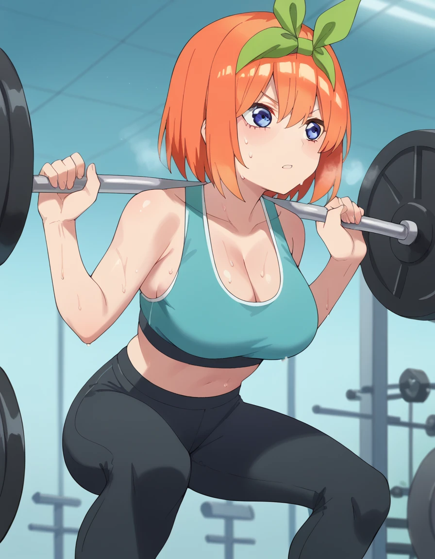 score_9, score_8_up, score_7_up, source_anime, <lora:yotsuba-nakano-s2-ponyxl-lora-nochekaiser:1>, yotsuba nakano, bangs, short hair, blue eyes, hair between eyes, hair ribbon, hairband, orange hair, green ribbon, large breasts,, <lora:squat-exercise-ponyxl-lora-nochekaiser:1> squat exercise, squat (exercise), barbell, weightlifting, exercising, weights, gym, squatting, yoga pants, sports bra, cleavage sweat, steam, parted lips,, , cowboy shot