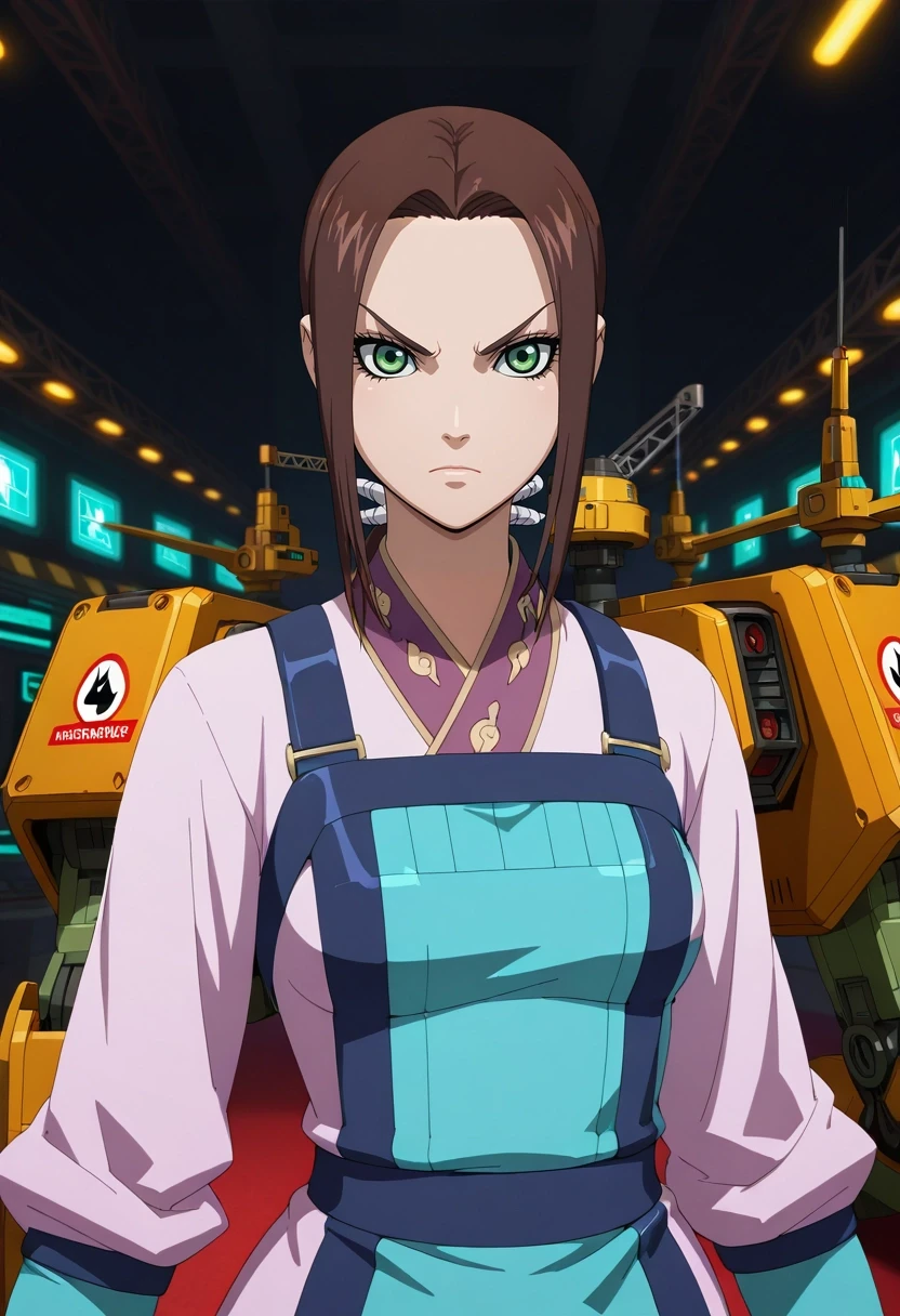 masterpiece, best quality, intricate details, (3d:0.4), , , 1girl, solo, <lora:kaine_kingdom_ilxl:0.92>, kaine_kingdom, brown hair, green eyes, long hair, low ponytail, mecha bay, giant robots, maintenance cranes, warning lights, pilot pose, serious expression, artificial lighting, ,