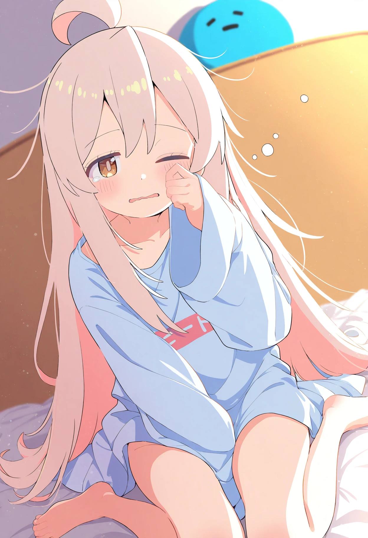 1girl,oyama mahiro,
solo,waking up,one eye closed,sitting,wariza,oversized clothes,stuffed toy,indoors,wavy mouth,long hair,very long hair,looking at viewer,barefoot,on bed,hand up,parted lips,rubbing eyes,ahoge,brown eye,bare legs,sleepy,pink hair,shirt,oversized shirt,bottomless,long sleeves,light brown hair,blush,sidelocks,messy hair,between legs,sleeves past wrists,
masterpiece,best quality,newest,highres,absurdres,<lora:Siro9_noobesp11_4-000015:1>,