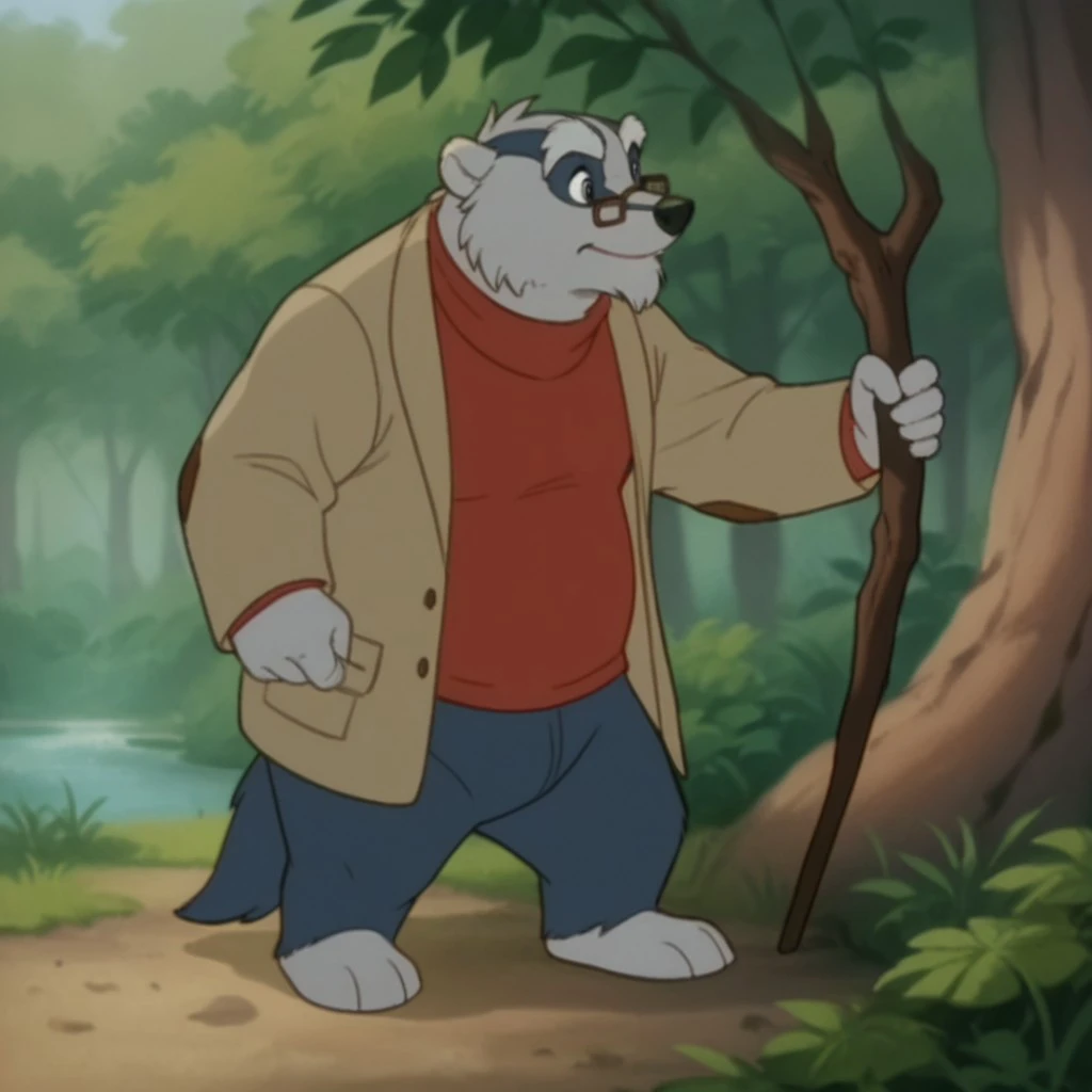 score_9, score_8_up, score_7_up, score_6_up, score_5_up, score_4_up, source_furry, Corneliusouaf, semi-anthro, male, badger, grey fur, two-tone fur, red shirt, glasses, tan jacket, standing, in a forest