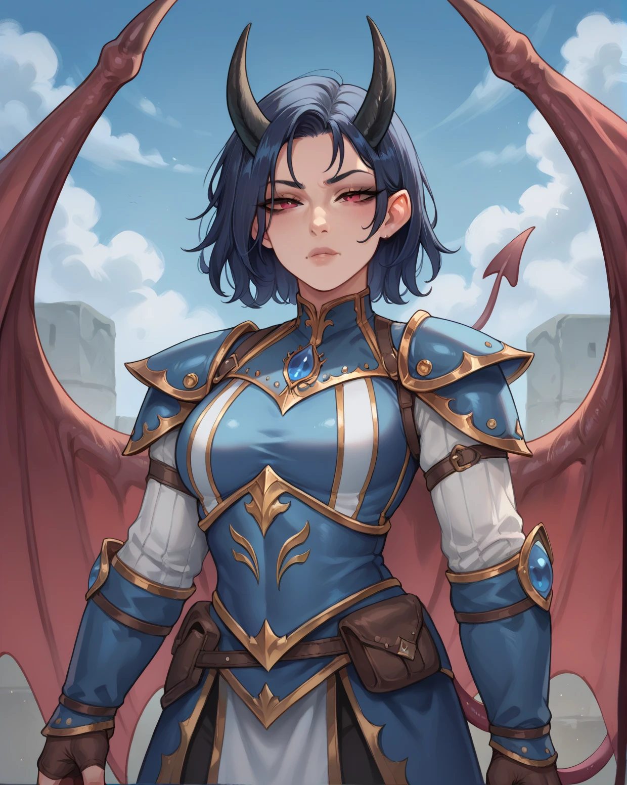 score_9,score_8_up,score_7_up,score_6_up,score_5_up,score_4_up,digital art
pointing at you,armor,half-closed eyes,medium hair,demon tail,demon wings,looking at you,arueshalae,dark blue hair,solo,horns,1girl,<lora:Arueshalae:0.5>,<lora:Smooth Style 2 SDXL_LoRA_Pony Diffusion V6 XL:0.4>,<lora:sciamano240_pony_v2:0.6>,