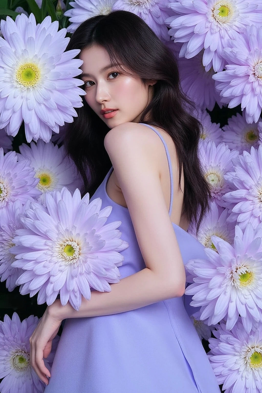 The image showcases a young woman. She is positioned against a strikingly vibrant silver background, which is filled with large Chrysanthemum flowers. The flowers dominate the composition, adding a dramatic and intense contrast to her skin tone and overall appearance.
The woman is dressed in sleeveless dress, which drapes softly over her shoulders, leaving her upper back and one shoulder exposed. Her expression is calm and slightly mysterious, with her gaze directed slightly to the side, away from the camera. The large flowers, some of which overlap with her figure, create a dreamy and surreal atmosphere, as if she is blending into or emerging from the floral background., <lora:flux_realism_lora:1>, ,<lora:makinaflux_sana_v1.0:1>