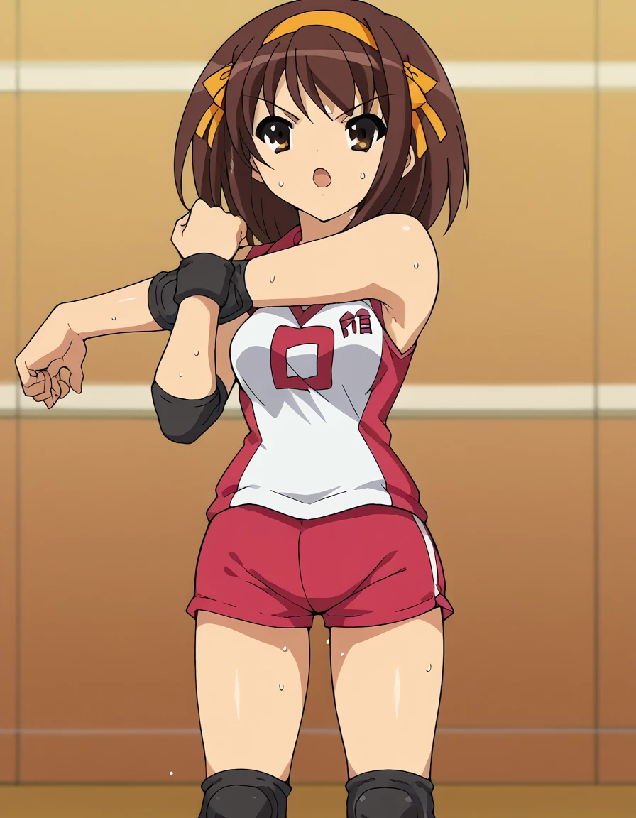 score_9, score_8_up, score_7_up, source_anime, <lora:haruhi-suzumiya-s1-ponyxl-lora-nochekaiser:1>, haruhi suzumiya, short hair, brown hair, brown eyes, hairband, medium hair, ribbon, hair ribbon,, <lora:volleyball-uniform-ponyxl-lora-nochekaiser:1> volleyball uniform, sportswear, elbow pads, elbow sleeve, knee pads, sleeveless, shorts, short shorts,, audience, gym, sweat, open mouth, steam, <lora:cross-body-stretch-ponyxl-lora-nochekaiser:1> cross-body stretch, stretching, arm across chest, exercising,,, cowboy shot,