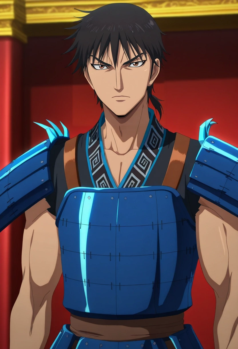 masterpiece, best quality, intricate details, anime screencap, anime coloring, official style, , , 1boy, solo, male focus, <lora:xin_kingdom_ilxl:1>, xin_kingdom, black hair, brown eyes, short hair, low ponytail, , armor, , gangster costume