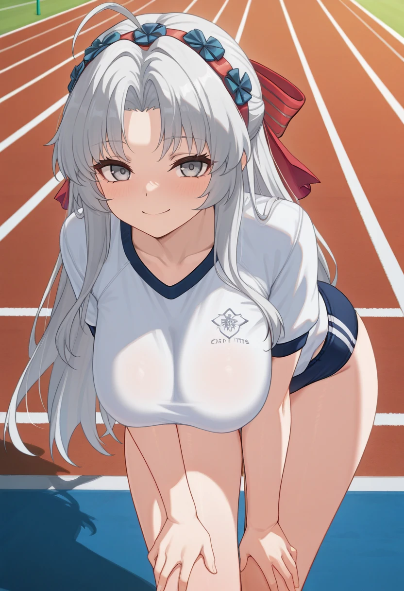 masterpiece, best quality, ultra-detailed, illustration, warm lighting, bright colors, blue eyes, blue ribbon, bare shoulders, sports bra, crop top, grey hair, hair ornament, hair ribbon, very long hair, midriff, ponytail, seoyoon,
sportswear, smile, one eye closed, spoken heart, happy,
standing, cowboy shot, legs, track and field, field day, outside, sky, clouds, day, arms up, armpits, hands behind head, linea alba,
<lora:seoyoon:0.75>