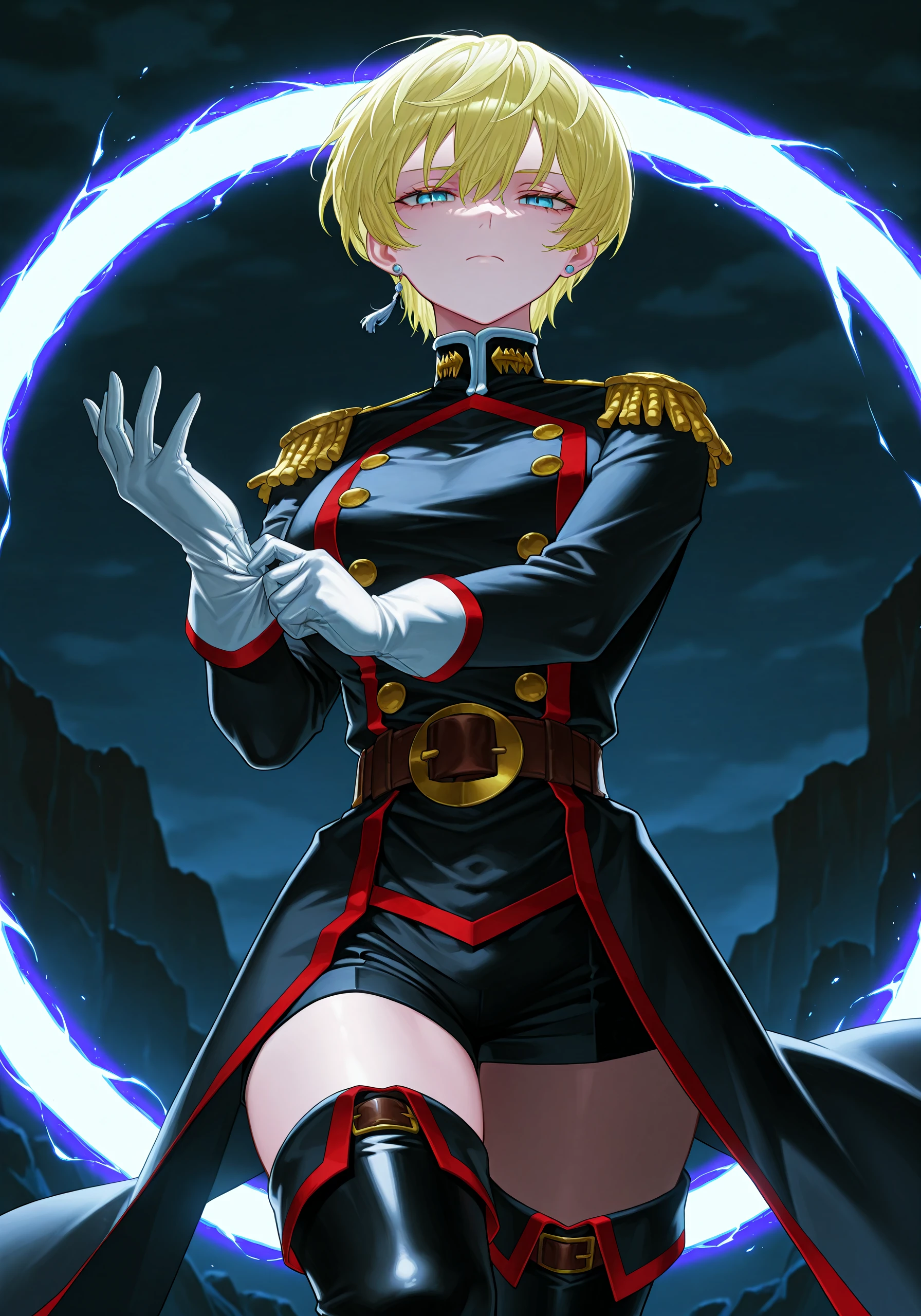 1girl, <lora:tenka50:1>, tenkzumo, earring, black clothing, military uniform dress, epaulets, belt, gloves, black thigh boots, serious face, 
volumetric lighting, night, rocky background, portal opening behind, putting on gloves,  
high resolution, ultra-detailed, absurdres, masterpiece, best quality, good quality, newest