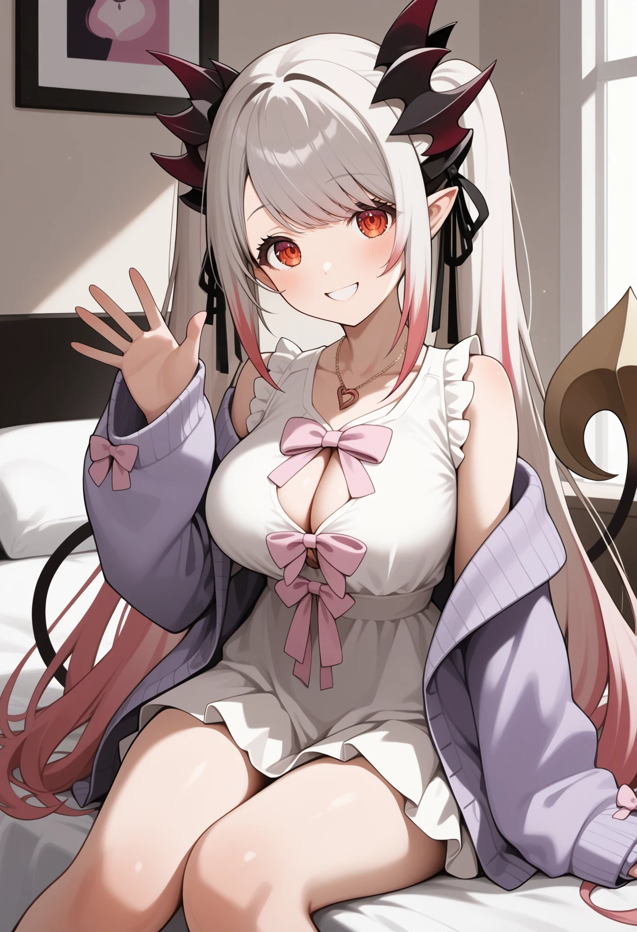 Top quality, super high resolution, White_hair,beautiful eyes, cat ears (White), cat tail (White),garter_straps garter_belt, thighhighs, cleavage, {{{underwear only}}}, {{{bow bra(salmon pink)}}},{{{bow panties(salmon pink)}}}, lace-trimmed bra(salmon pink), lace-trimmed panties(salmon pink), lace trim(black), a choker, {embarrassed},on bed,wariza,yokozuwari,hand between legs,sitting,