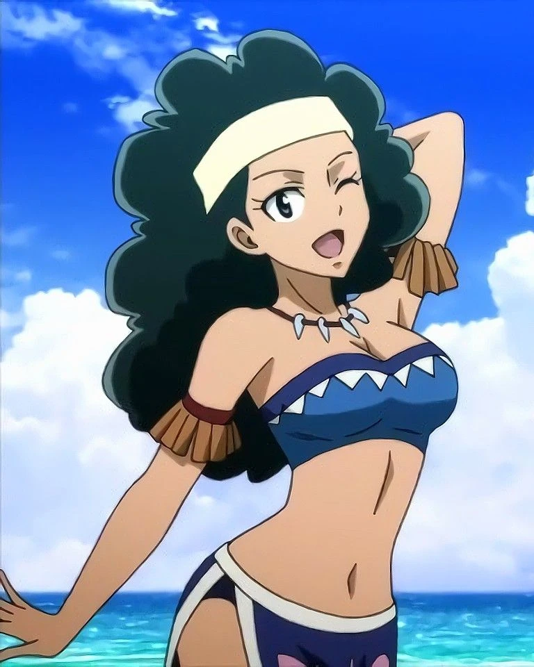 official art, Fairy Tail style, anime screencap, anime coloring, flat shadows, 1girl, solo, Risley Law from Fairy Tail, shin skin, slim body, slim form, narrow waist, beautiful, black hair, one eye closed, open mouth, wink, looking at viewer, hand behind head, sexy pose, cute, breasts, large breasts, long hair, smile, dark skin, afro, curly hair, big hair, dark-skinned female, beige hairband, midriff, sandals, navel, cleavage, bare shoulders, thick thighs, brown eyes, full body, dark blue loincloth with white finish and it has the "Mermaid Heel" crest on it, strapless, blue tube top, brown fringed sleeves, maroon arm bands, sandals tied around ankles, cute, animal teeth necklace, necklace, ocean, blue sky, sky, clouds