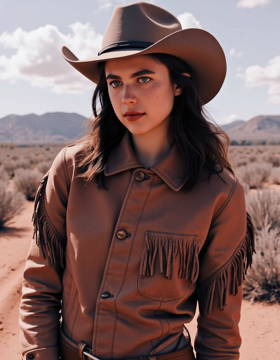 <lora:margaret-qualley:1> mquall3y, A rugged woman cowboy stands confidently in a sunlit desert, clad in a dusty leather hat, fringed jacket, and worn boots. Sagebrush and distant mountains create a vibrant, dramatic backdrop., Through a side-profile view, capturing the contour of their face, <lora:Eldritch_Photography_for_Flux_1.2.3:0.8> Photography