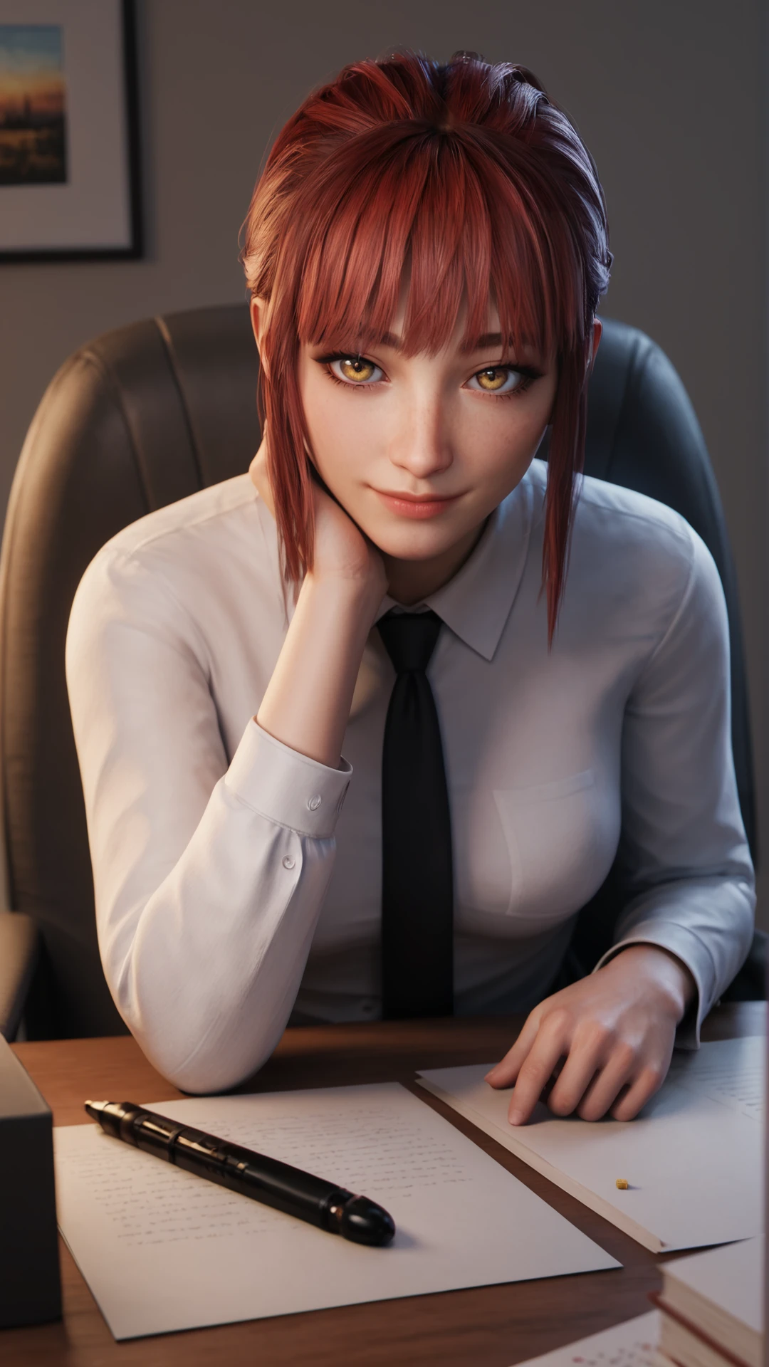 score_9, score_8_up, score_7_up, score_6_up, melkor_style, masterpiece, high quality
beautiful face, gorgeous face, , perfect eyes, masterpiece, high detail, detailed eyes, uncensored, detailed eyes,
joy , smile, mouth closed
office, office background, solo
1girl, red hair, ringed eyes, braided ponytail, yellow eyes, bangs, sidelocks,
white jacket,  black necktie, black coat
posing, eyes at viewer, front view, face focus,  portrait,
<lora:makima:0.5>, <lora:csmakima:0.9>, csmakima,