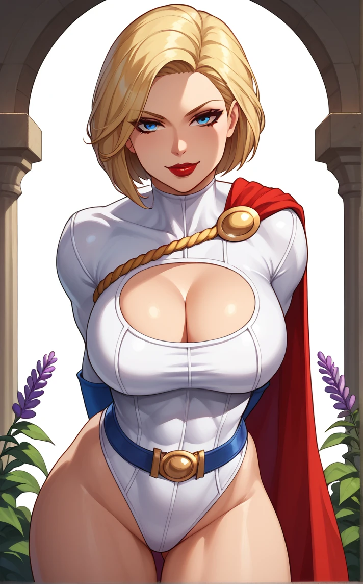 score_9, score_8_up, score_7_up, leaning forward, arms behind back, cowboy shot, garden, wisteria, outdoors, depth of field, solo, looking at viewer,   <lora:PONYXL_DC_Powergirl_ownwaifu:0.9>, BREAK PONYXL_DC_Powergirl_ownwaifu, 1girl, blonde hair, blue eyes, large breasts, muscular female, short hair, superhero, toned, red lips, makeup, lipstick, blue gloves, bursting breasts, cleavage cutout, gold, highleg leotard, jewelry, loose belt, red belt, red cape, skin tight, white leotard, clothing cutout, thighs,  turtleneck, bangs, thick thighs, long sleeves, groin,<lora:Expressive_H:0.15> <lora:add-detail-xl:0.15>,  <lora:43stl1ght1ngXLP2:0.2>, 43stl1ght1ng, dramatic lighting,