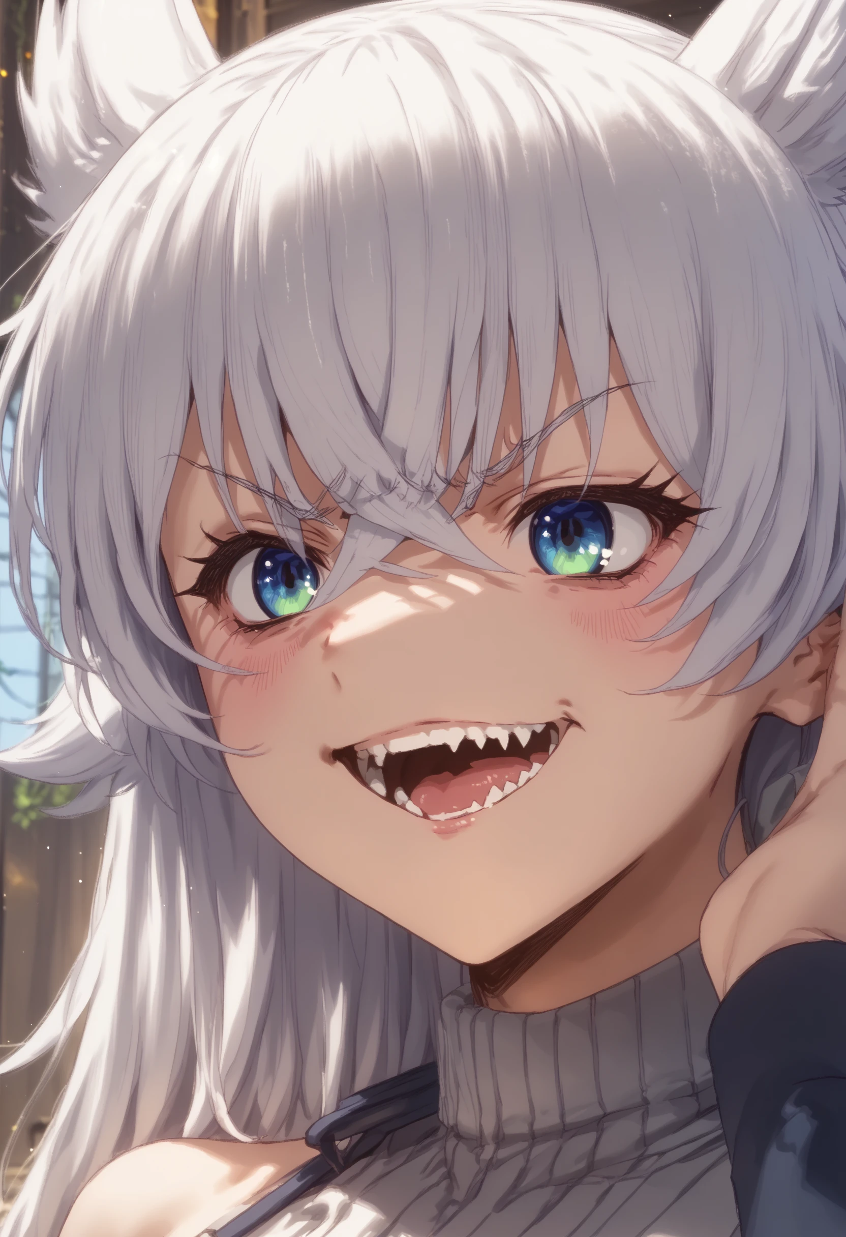score_9, score_8_up, score_7_up, highres, high res image, masterpiece, 1girl, solo,detailed face, detailed eyes, bangs, hair betweens eyes, crossed bangs,lv2fenrys, <lora:Lv2Fenrys>, large breats,fangs, anime style, angry smile,