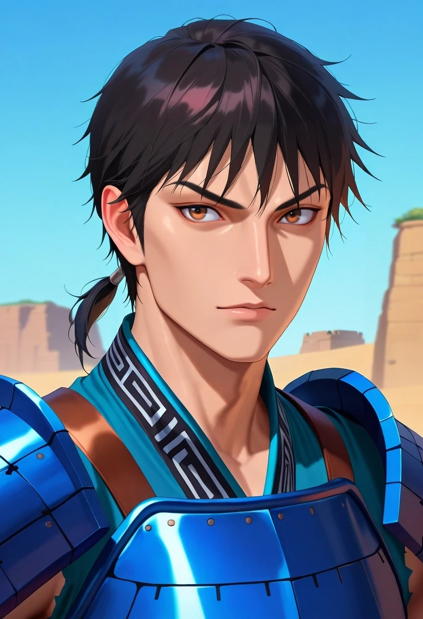 masterpiece, best quality, , semi-realistic, , , 1boy, solo, male focus, <lora:xin_kingdom_ilxl:0.92>, xin_kingdom, black hair, brown eyes, short hair, low ponytail, , armor, ,