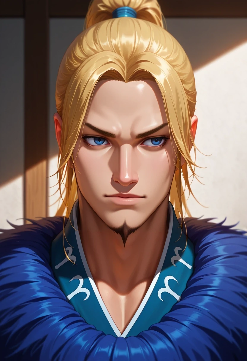 masterpiece, best quality, , semi-realistic, , , 1boy, solo, male focus, <lora:li_mu_ilxl:0.9>, li_mu, blonde hair, blue eyes, long hair, ponytail, facial hair, goatee, ,