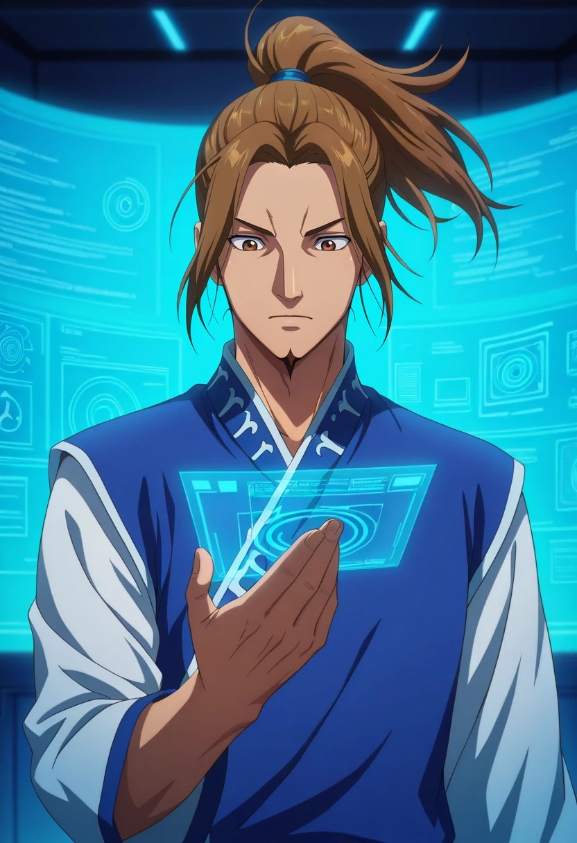 masterpiece, best quality, , anime screencap, , , , , 1boy, solo, male focus, <lora:li_mu_ilxl:1>, li_mu, aged down, brown hair, brown eyes, long hair, ponytail, facial hair, goatee, quantum lab, holographic displays, energy fields, floating data, analyzing pose, focused expression, blue lighting,