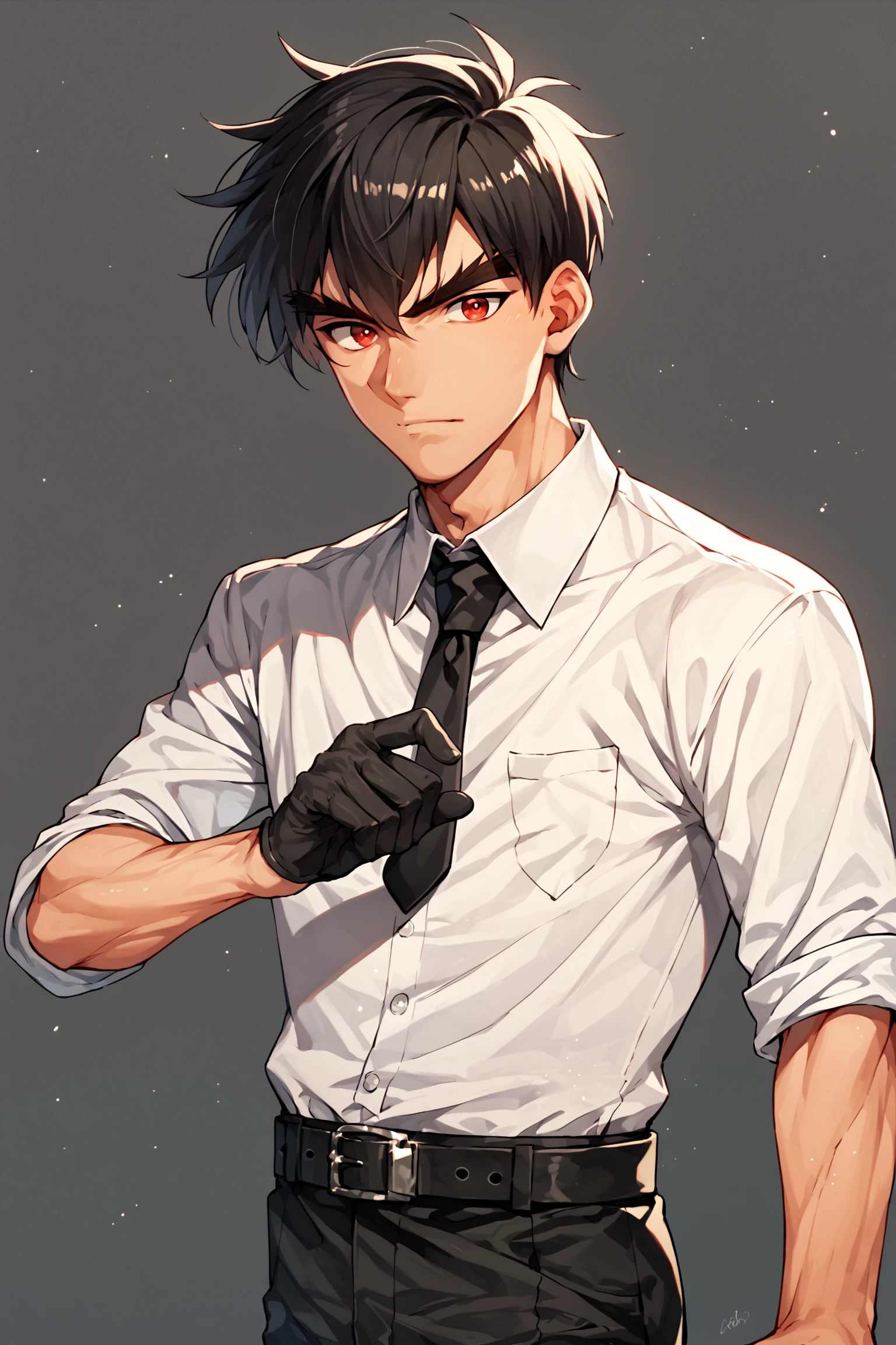 score_9, score_8_up, score_7_up, flat chested, source anime, anime colors, nueno, 1boy, male focus, necktie, red eyes, solo, thick eyebrows, shirt, black glove, belt, black hair, black necktie, looking at viewer, white shirt, sleeves rolled up, upper body