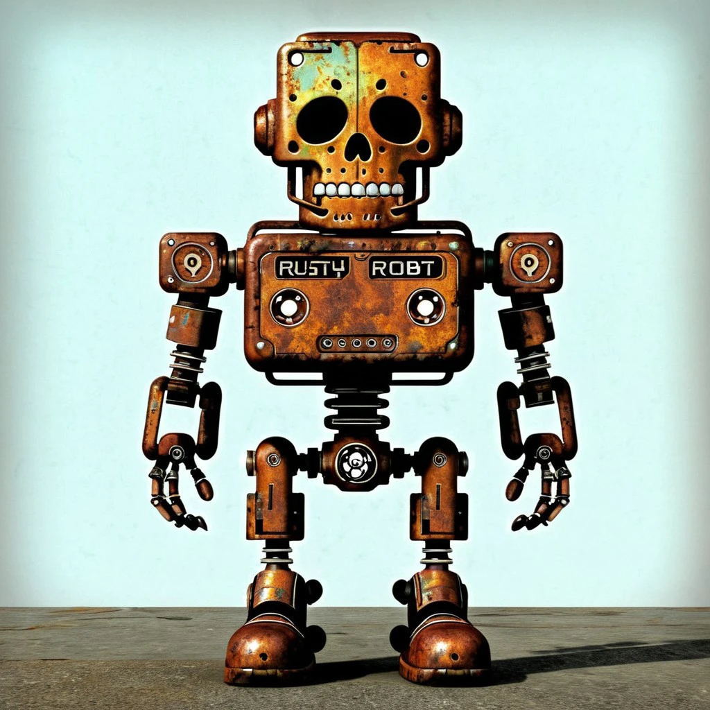 rusty robot, full body, smiling skull