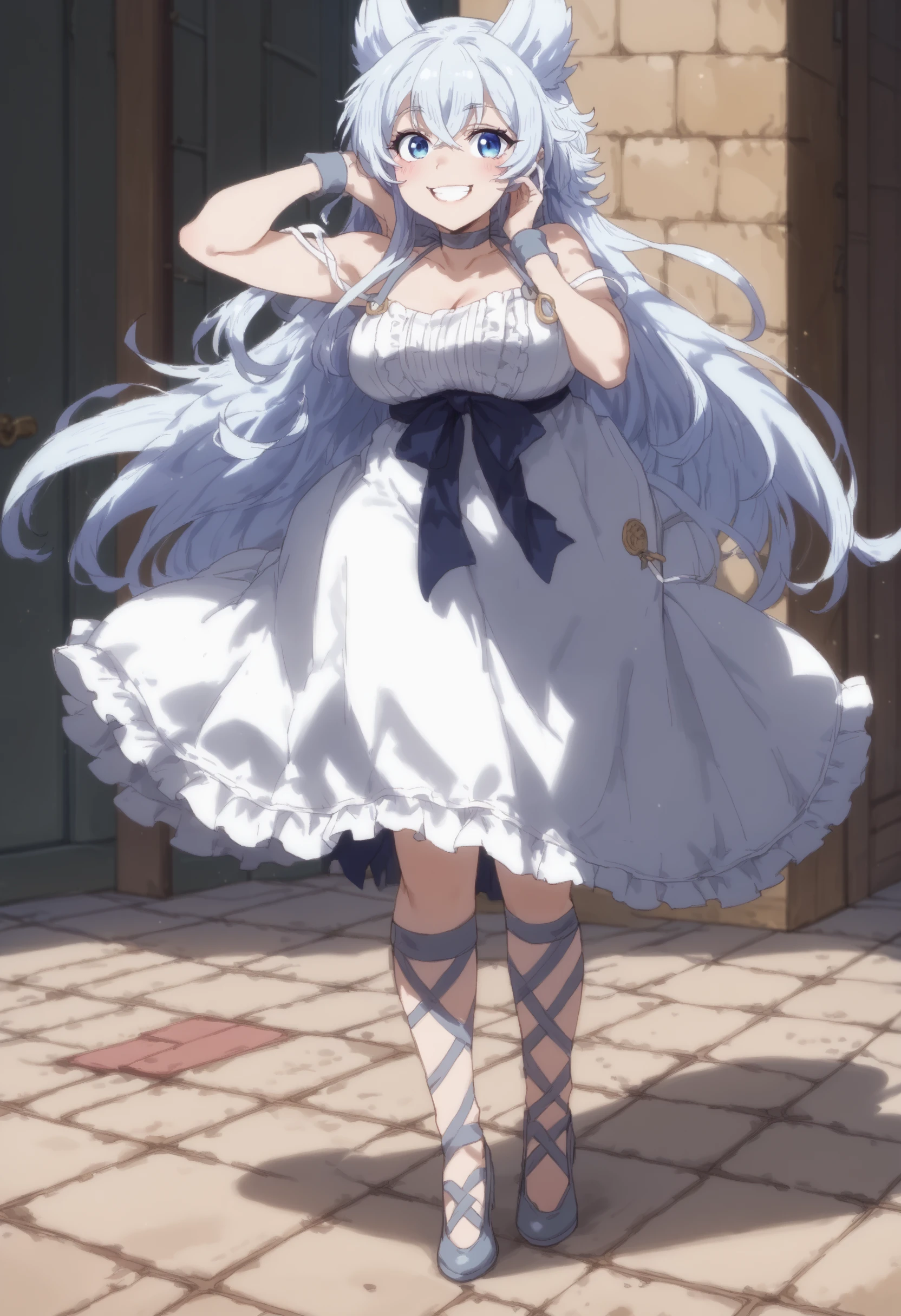 score_9, score_8_up, score_7_up, highres, high res image, masterpiece, 1girl, solo,detailed face, detailed eyes, bangs, lv2fenrys, <lora:Lv2Fenrys>, white hair, blue eyes, hair betweens eyes, crossed bangs, white dress, center fills, full body, bright smile, fingers on own cheeks,