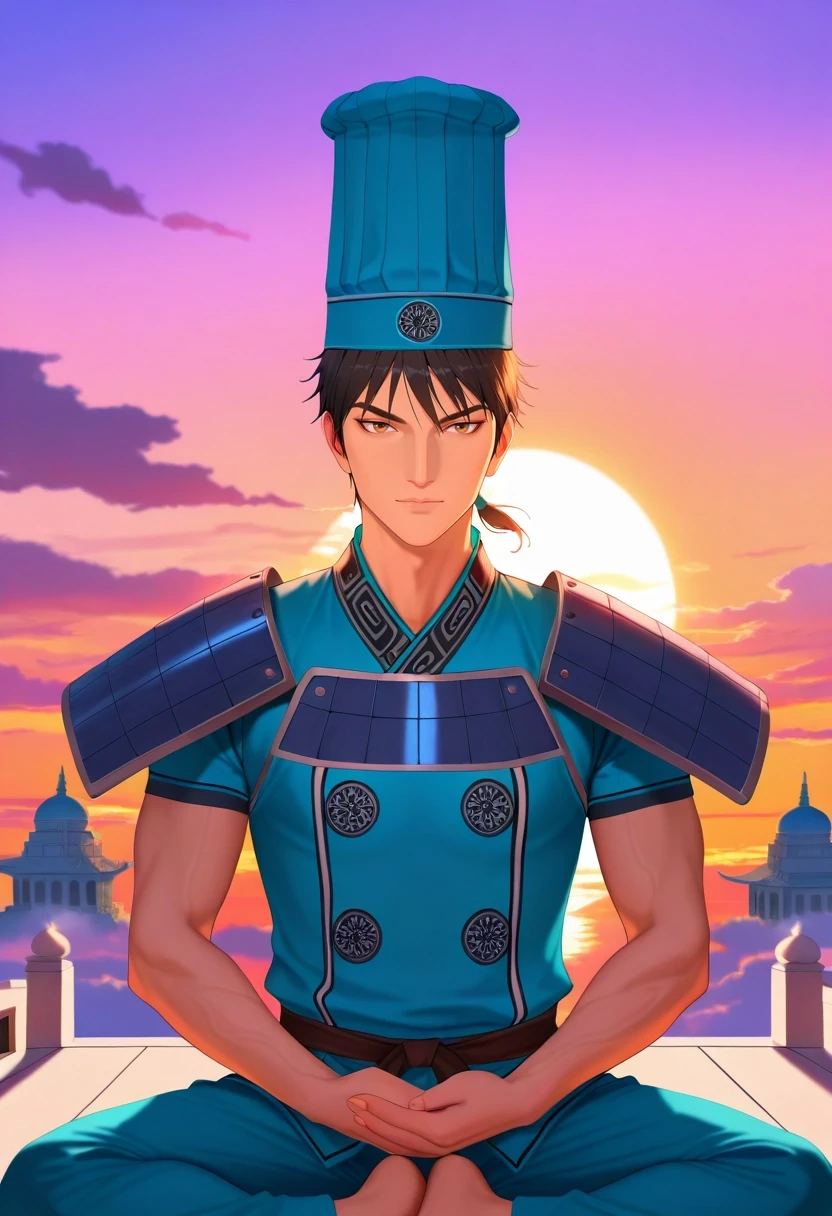 masterpiece, best quality, , (realistic:0.6), , , 1boy, solo, male focus, <lora:xin_kingdom_ilxl:0.92>, xin_kingdom, black hair, brown eyes, short hair, low ponytail, , armor, sky sanctuary, cloud temples, wind gardens, meditation platforms, peaceful pose, serene expression, sunset, Suede Linen trousers, Satin Moroccan Golf polo, , Chef's hat,