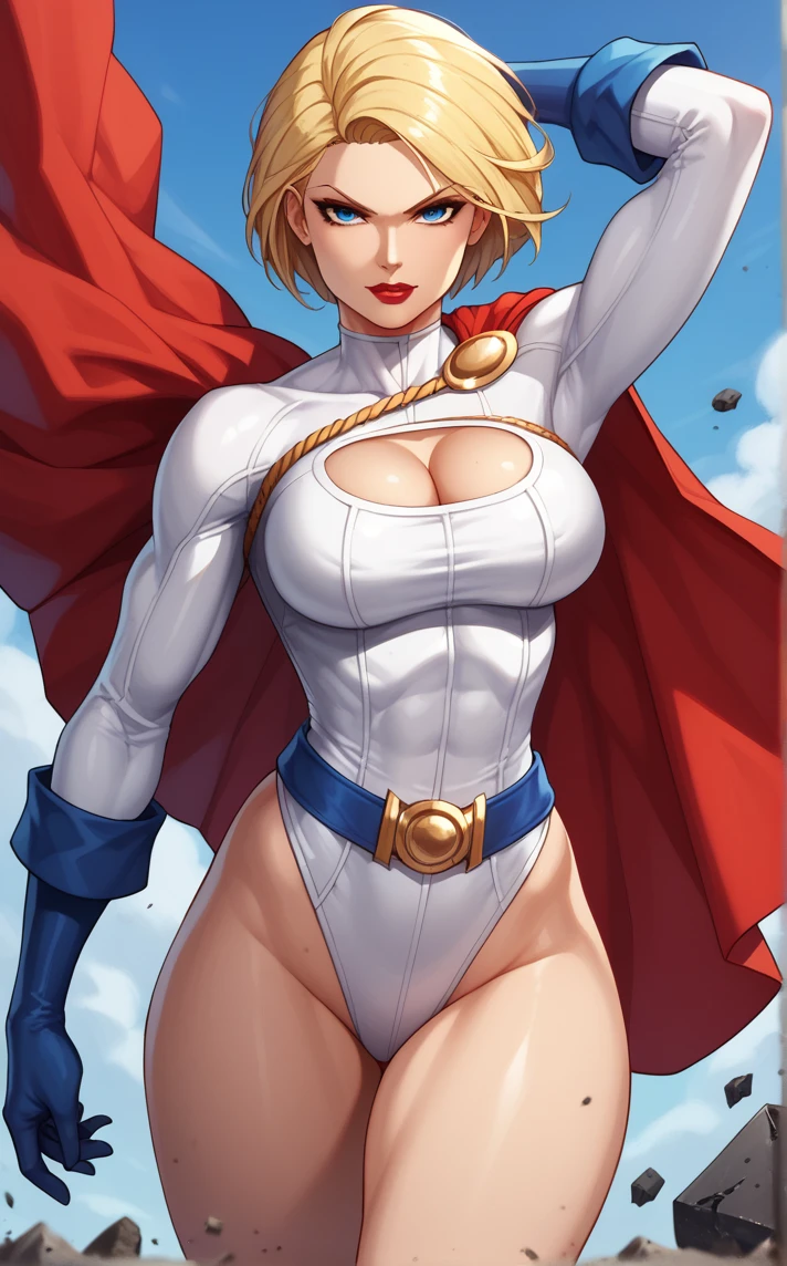 score_9, score_8_up, score_7_up, fighting stance, dynamic pose, action scene, cowboy shot, simple background, debris, depth of field, solo, looking at viewer,  <lora:PONYXL_DC_Powergirl_ownwaifu:1>, BREAK PONYXL_DC_Powergirl_ownwaifu, 1girl, blonde hair, blue eyes, large breasts, muscular female, short hair, superhero, toned, red lips, makeup, lipstick, blue gloves, bursting breasts, cleavage cutout, gold, highleg leotard, jewelry, loose belt, red belt, red cape, skin tight, white leotard, clothing cutout, thighs,  turtleneck, bangs, thick thighs, long sleeves, groin,<lora:Expressive_H:0.15> <lora:add-detail-xl:0.15>,  <lora:43stl1ght1ngXLP2:0.2>, 43stl1ght1ng, dramatic lighting,