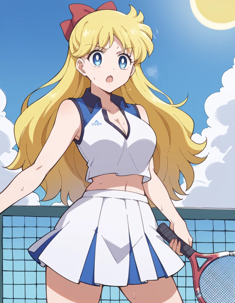 score_9, score_8_up, score_7_up, source_anime, <lora:minako-aino-eternal-movie1-ponyxl-lora-nochekaiser:1>, minako aino, blonde hair, blue eyes, bow, hair bow, half updo, long hair, red bow, tiara, medium breasts, <lora:tennis-uniform-ponyxl-lora-nochekaiser:1> tennis uniform, tennis racket, racket, tennis ball, sportswear, tennis, tennis court, holding racket, two-tone skirt, tennis net, two-tone shirt, tennis skirt, teniis dress, crop top overhang, holding tennis racket, ball,, open mouth, sweat, steam, blue sky, clouds, sun, cleavage, navel, cowboy shot,