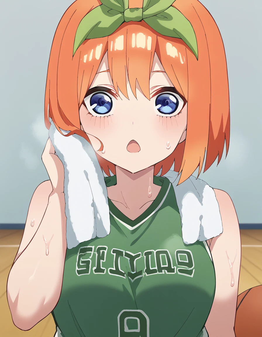 score_9, score_8_up, score_7_up, source_anime, <lora:yotsuba-nakano-s2-ponyxl-lora-nochekaiser:1>, yotsuba nakano, bangs, short hair, blue eyes, hair between eyes, hair ribbon, hairband, orange hair, green ribbon, large breasts,, <lora:basketball-uniform-ponyxl-lora-nochekaiser:1> basketball uniform, basketball jersery, sportswear, jersey, shorts, sleeveless,, audience, gym, sweat, open mouth, steam, <lora:wiping-towel-ponyxl-lora-nochekaiser:1> wiping sweat, towel, holding, sweat, holding towel, looking at viewer, open mouth,, cowboy shot,