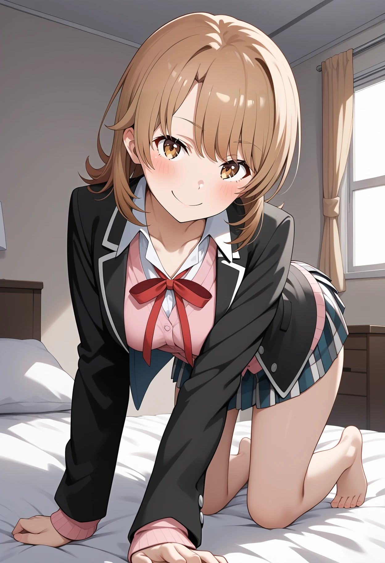 irohaisshikitest, iroha isshiki, short hair, brown hair, (brown eyes:1.5),
BREAK skirt, shirt, ribbon, school uniform, jacket, white shirt, open clothes, socks, open jacket, black jacket, plaid, kneehighs, plaid skirt, blazer, cardigan, black socks, pink cardigan, sobu high school uniform,
BREAK outdoors, city,
BREAK looking at viewer, BREAK (masterpiece:1.2), best quality, high resolution, unity 8k wallpaper, (illustration:0.8), (beautiful detailed eyes:1.6), extremely detailed face, perfect lighting, extremely detailed CG, (perfect hands, perfect anatomy),(stripe panties:1.5), sitting on desk, spread legs, open legs, knee up, leaning back, small breasts, (short, tiny, little:1.5), blush, embarrassed,from below, cowboy shot, dutch angle